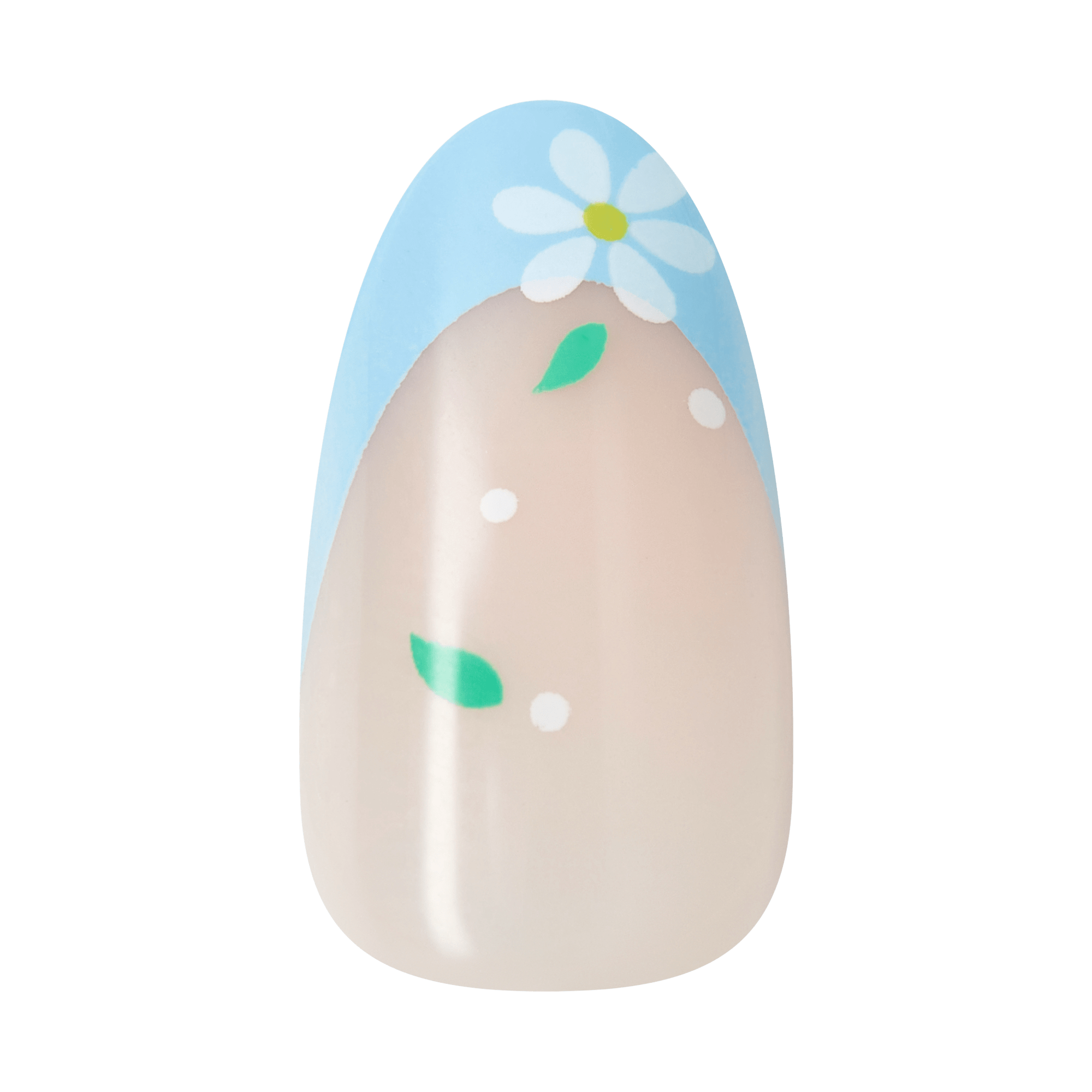 Decorative Easter egg with blue top, white daisy flower, green leaves, and white dots on cream base.