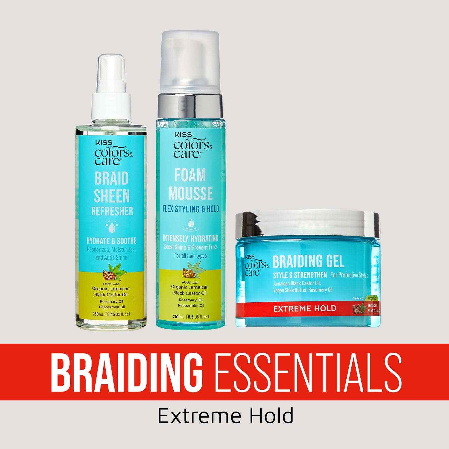 Kiss Colors &amp; Care Braiding Essentials set: Braid Sheen Refresher, Foam Mousse, Braiding Gel Extreme Hold