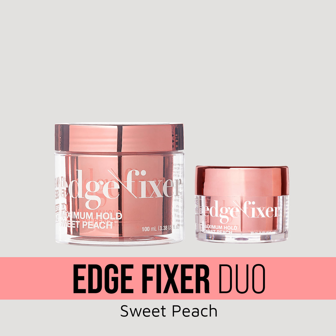 Edge Fixer Duo Sweet Peach maximum hold hair gel set in 100mL and 25mL sizes