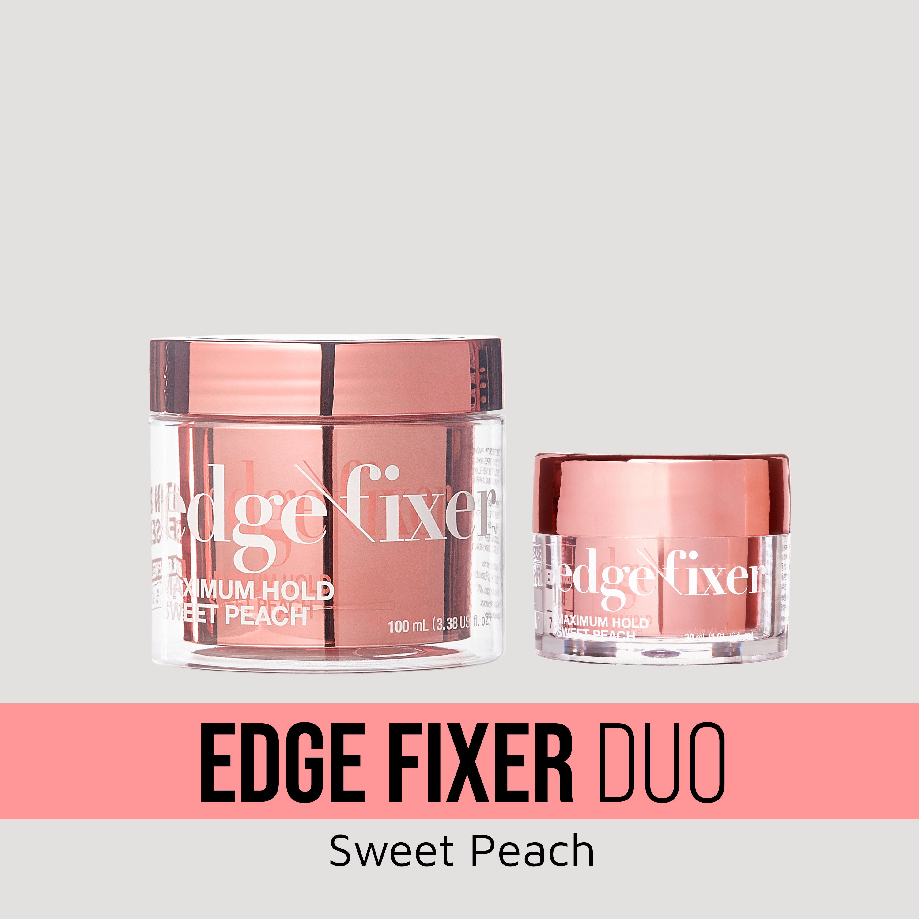 Edge Fixer Duo Sweet Peach maximum hold hair gel set in 100mL and 25mL sizes