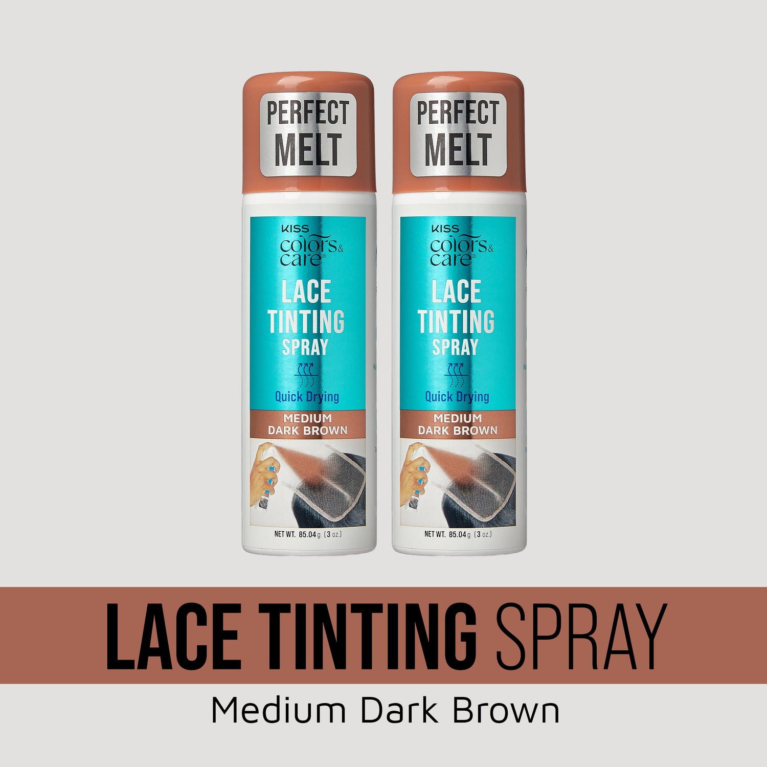 KISS Colors &amp; Care Lace Tinting Spray in Medium Dark Brown, two bottles shown.
