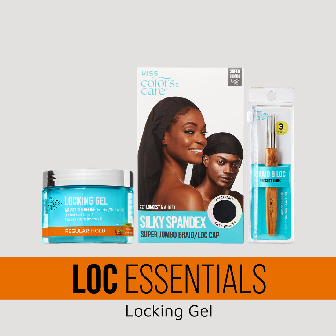 KISS Colors &amp; Care Locking Gel, Silky Spandex Braid Cap, Crochet Hook - Loc Essentials Bundle