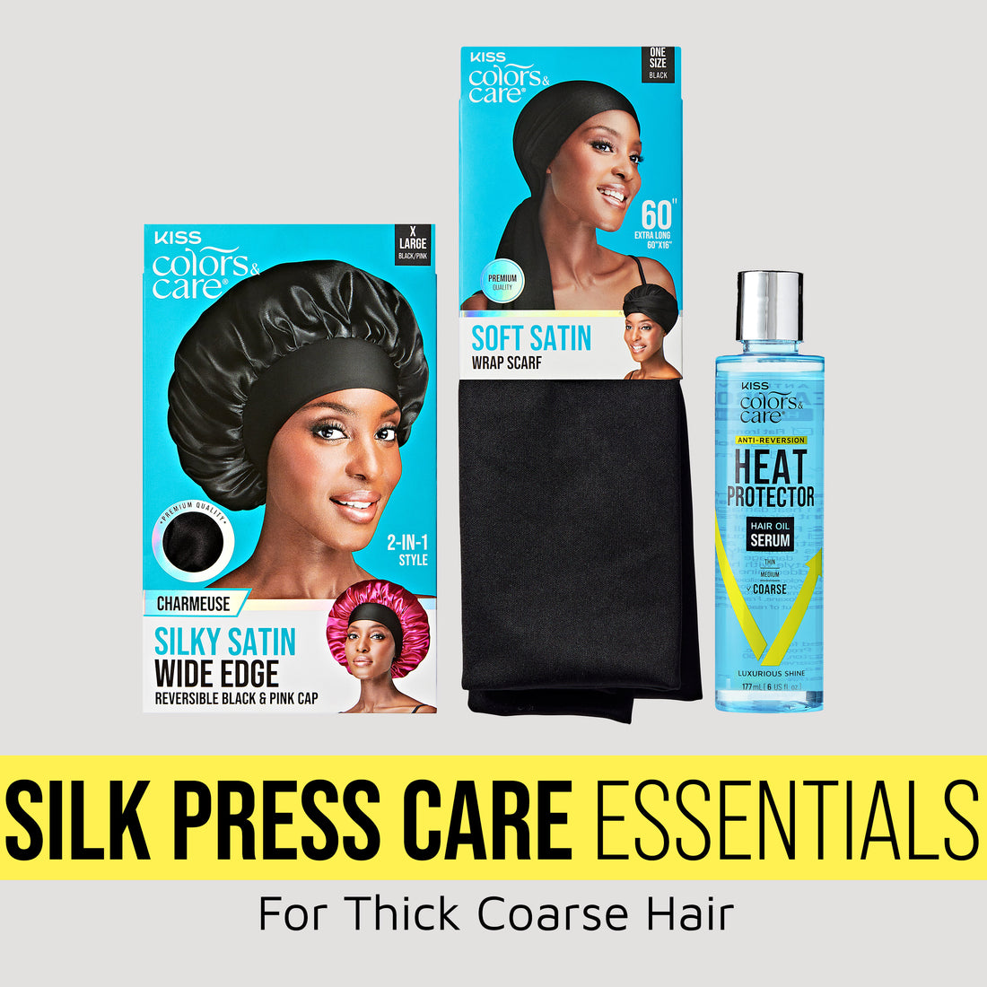 Kiss Colors &amp; Care silk press essentials bundle for thick coarse hair with cap, wrap, and heat protector serum.
