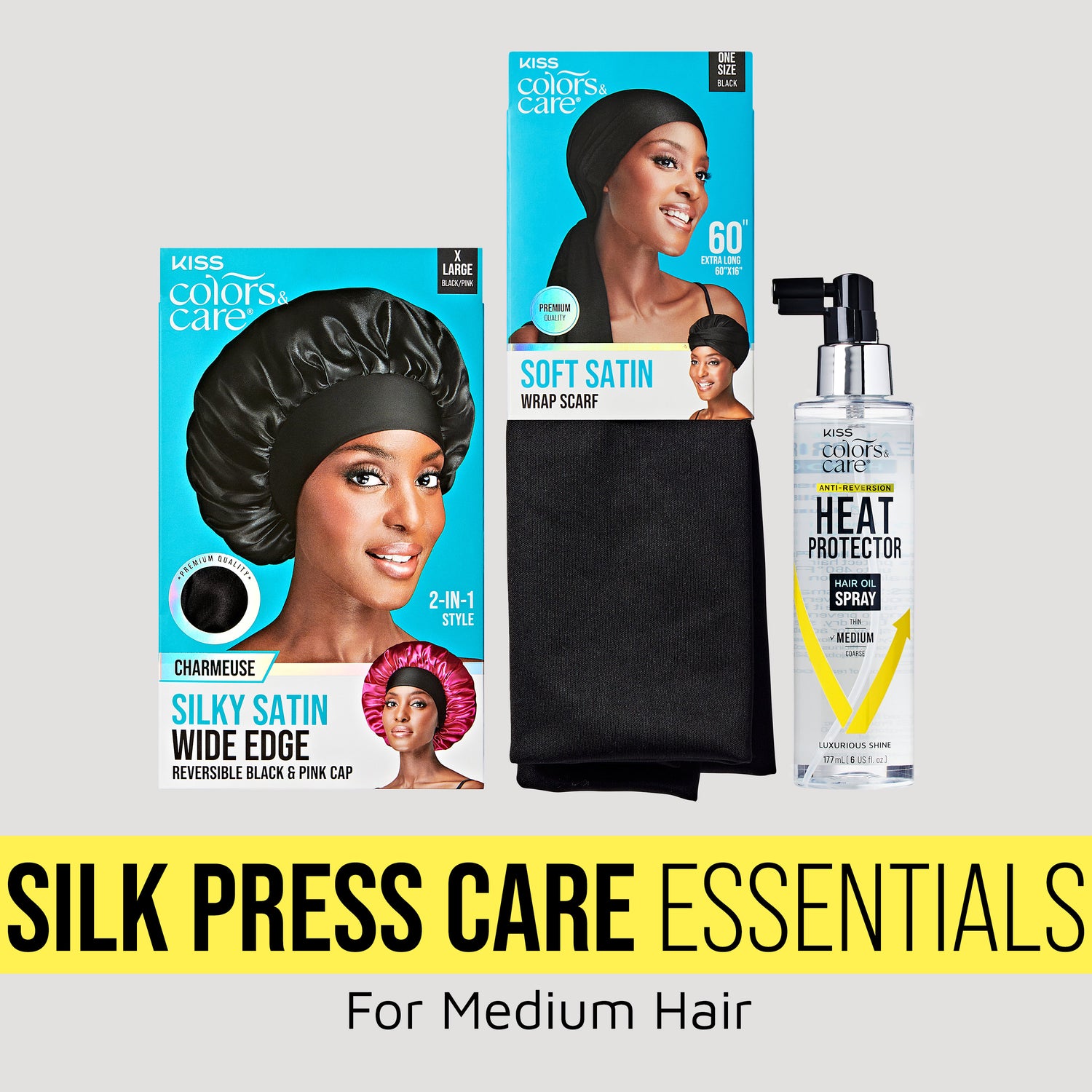 Kiss Colors &amp; Care Silk Press Care Essentials set for medium hair with bonnet, wrap scarf, and heat protector spray.