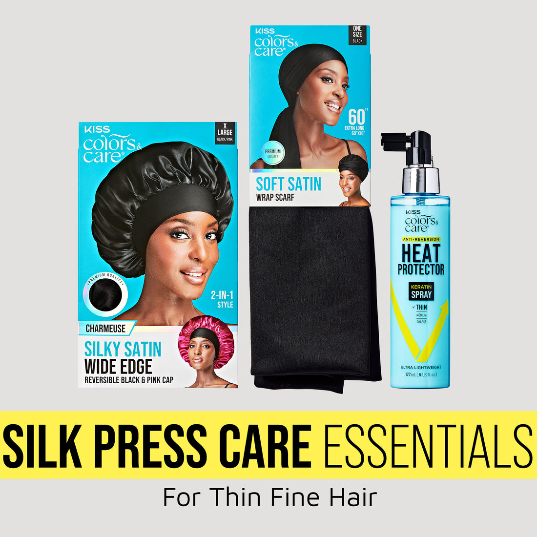 Kiss Colors &amp; Care Silk Press Care Essentials for thin fine hair bundle with cap, wrap scarf, and heat protector spray.