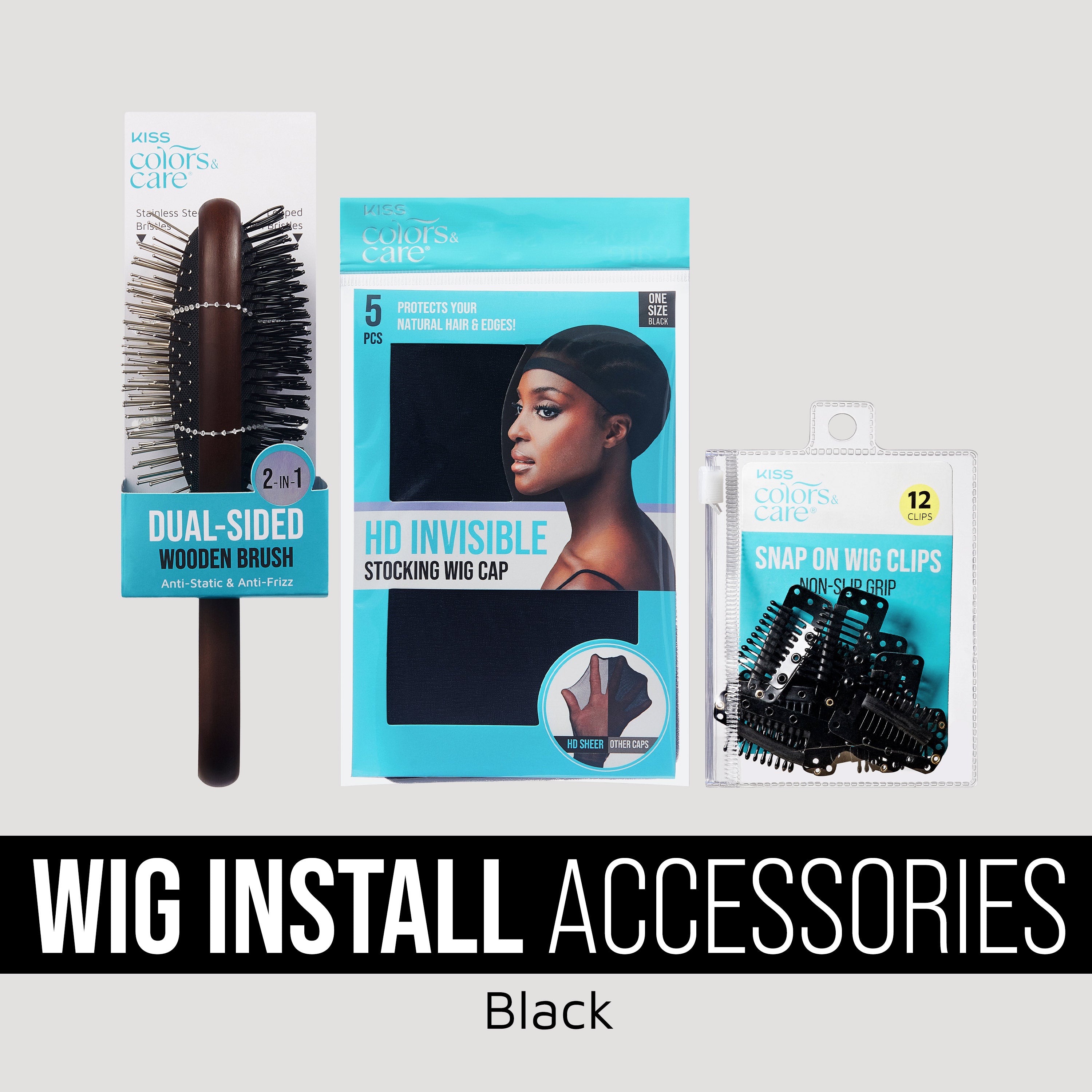 Kiss Colors &amp; Care Black Wig Install Accessories: brush, stocking cap, snap clips.