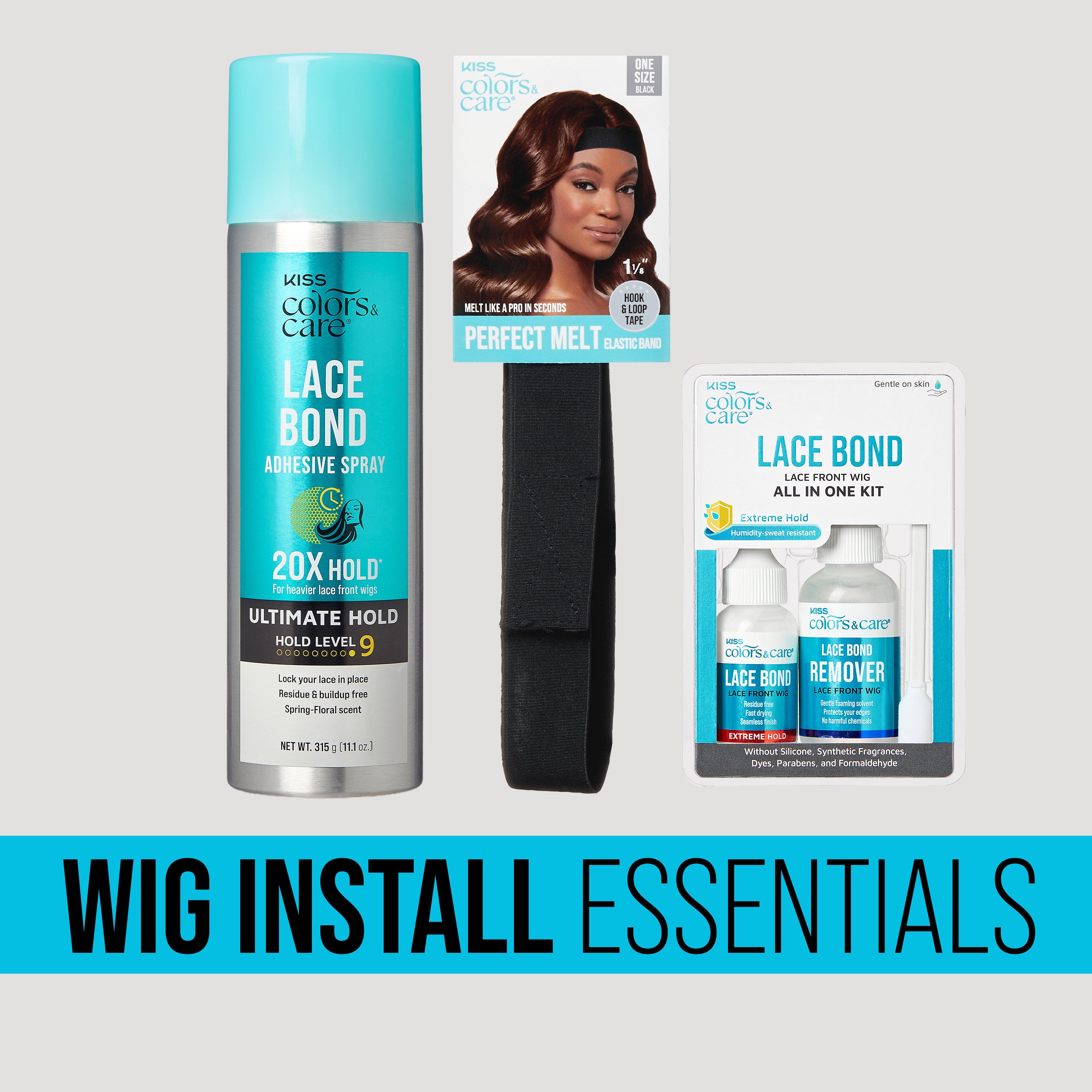 Kiss Colors &amp; Care Lace Bond Wig Install Essentials kit with adhesive spray, elastic band, and remover.