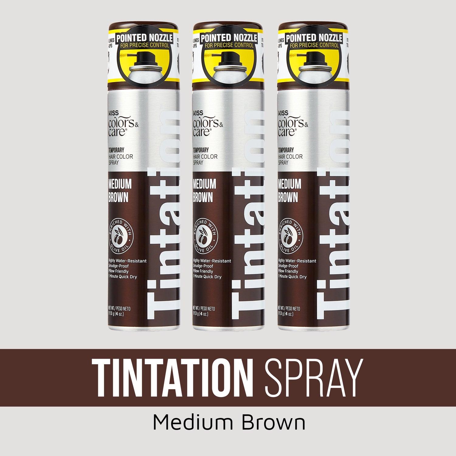 Three Tintation Medium Brown temporary hair color spray cans with pointed nozzles.