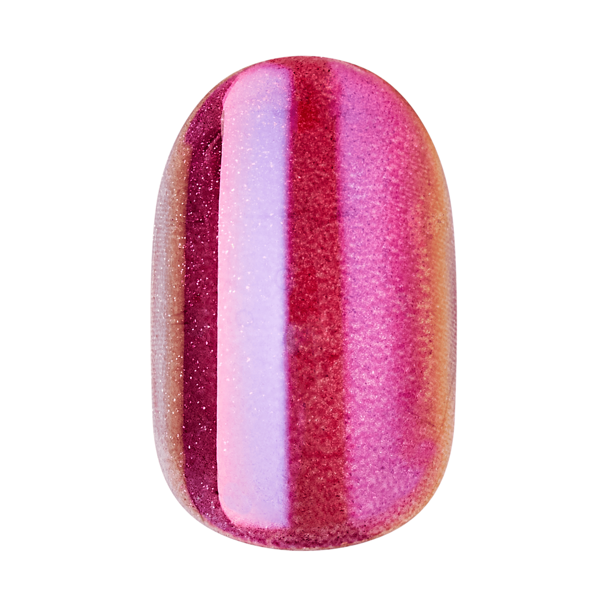 The image features a nail design with a gradient effect, showcasing a blend of vibrant colors. The predominant hues are shades of pink, transitioning into a soft lavender and a warm orange. The surface has a glossy finish, with a subtle shimmer that adds depth and dimension to the overall look. The design is smooth and well-defined, creating an eye-catching and stylish appearance.