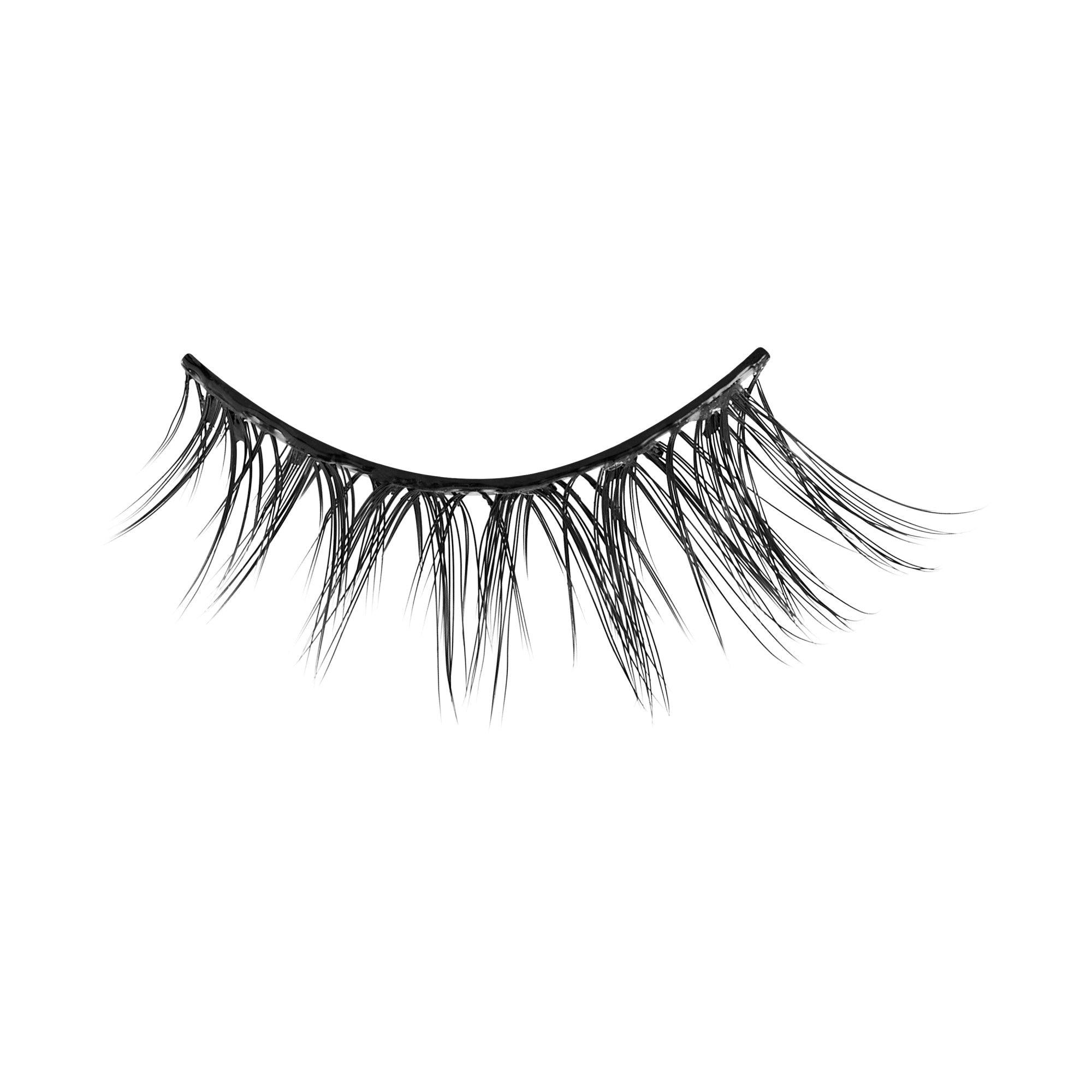 Black false eyelashes with full, dramatic lashes on curved band