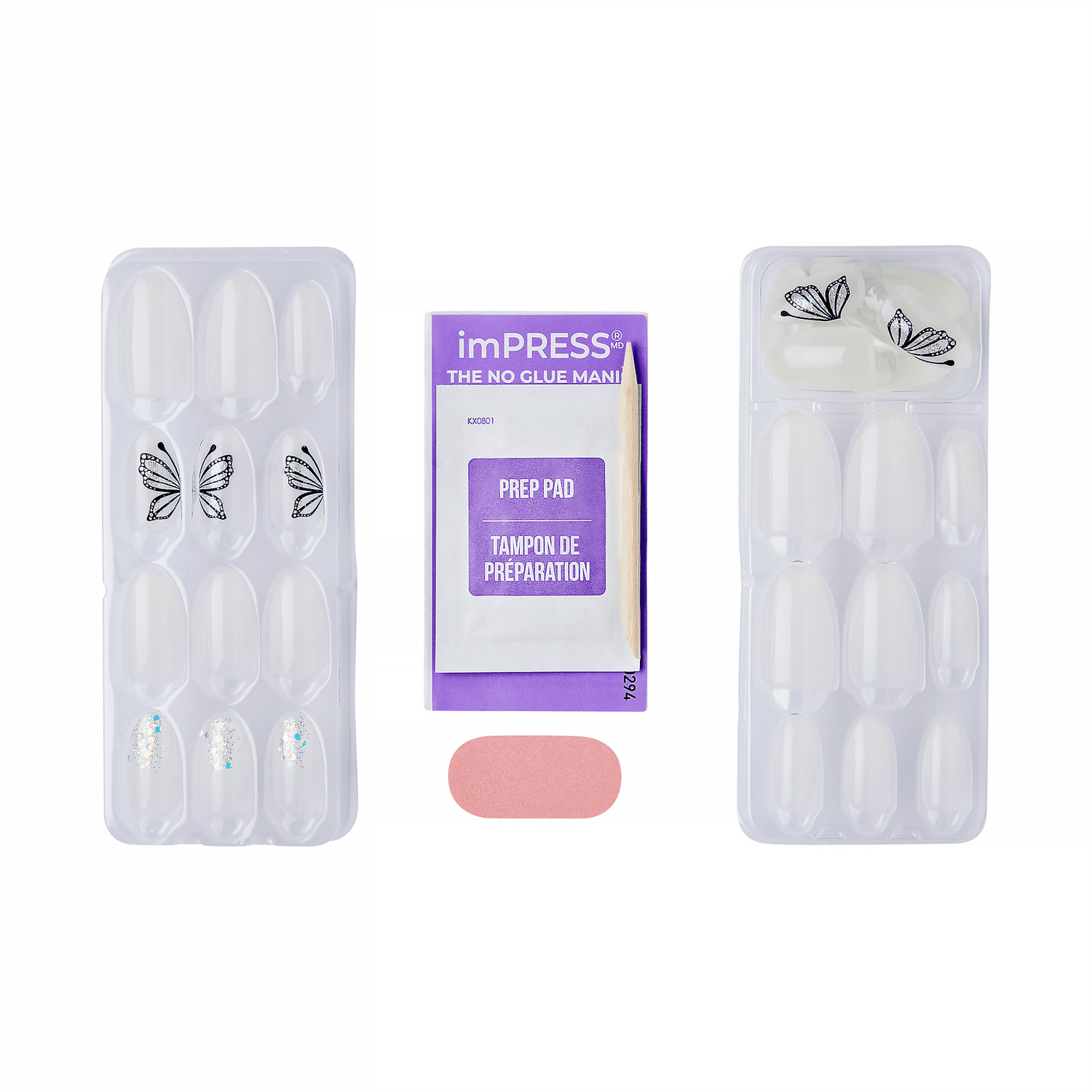 The image features a nail kit that includes a set of press-on nails. The kit is divided into two sections: one side contains clear nails with decorative designs, including butterfly motifs and some with embellishments. The other side holds additional clear nails. In the center, there is a prep pad for nail preparation, and a small pink item, likely a nail file or buffer. The packaging is branded with "imPRESS" and emphasizes that no glue is needed for application.