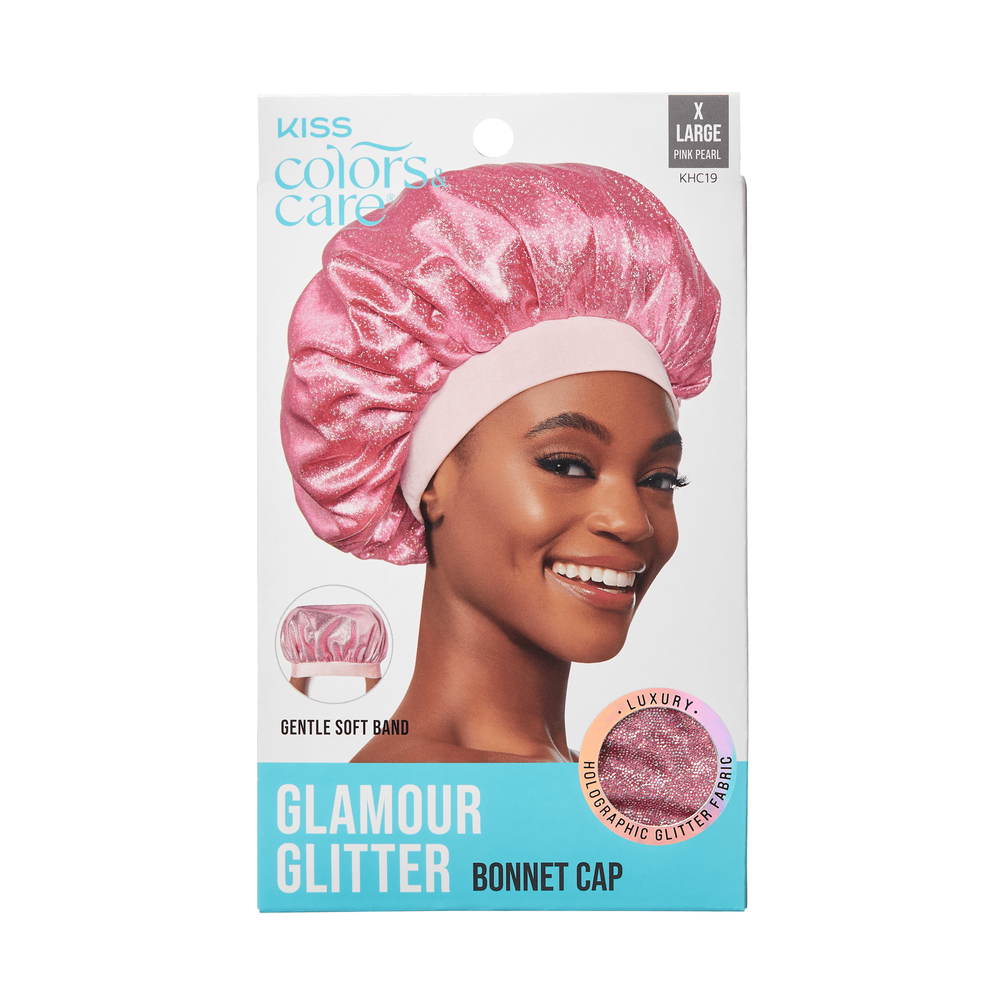Packaging for KISS Colors &amp; Care Glamour Glitter Bonnet Cap in XL Pink Pearl, showing a smiling woman wearing a pink glittery bonnet with a soft band.