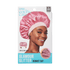 Packaging for KISS Colors & Care Glamour Glitter Bonnet Cap in XL Pink Pearl, showing a smiling woman wearing a pink glittery bonnet with a soft band.