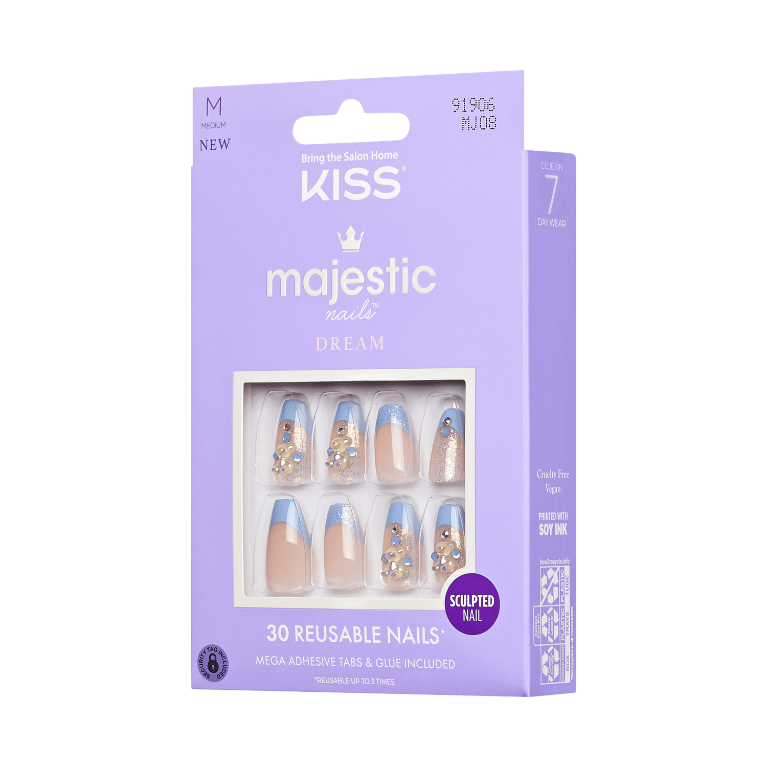 Purple packaging of KISS Majestic Dream press-on glue nails showing 8 medium-sized reusable nails with blue tips, glitter, and rhinestone embellishments. Text highlights 30 reusable nails with mega adhesive tabs and glue included, cruelty free, vegan, and sculpted nail design.