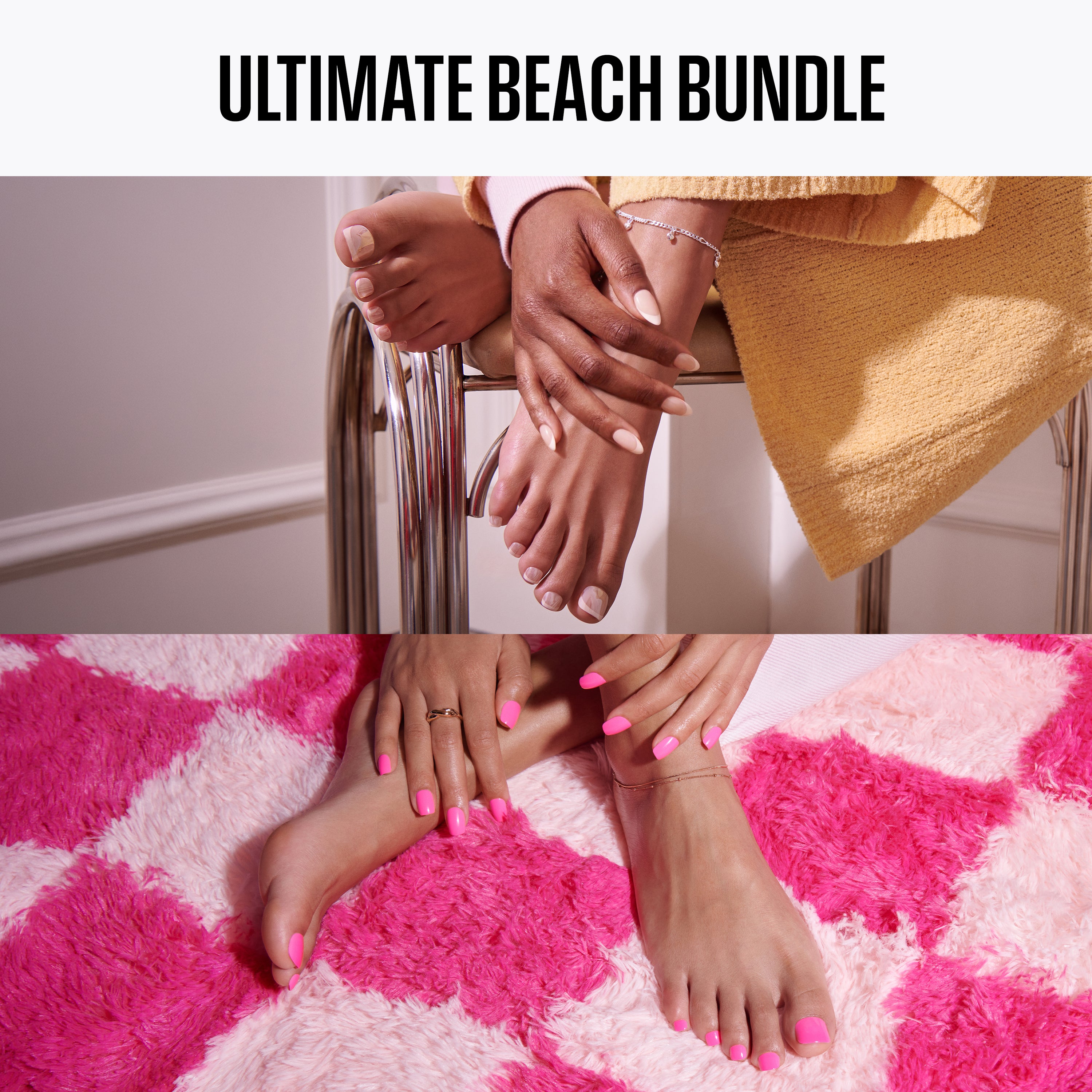 Two pairs of feet with pink nail polish on a pink and white checkered blanket, labeled &