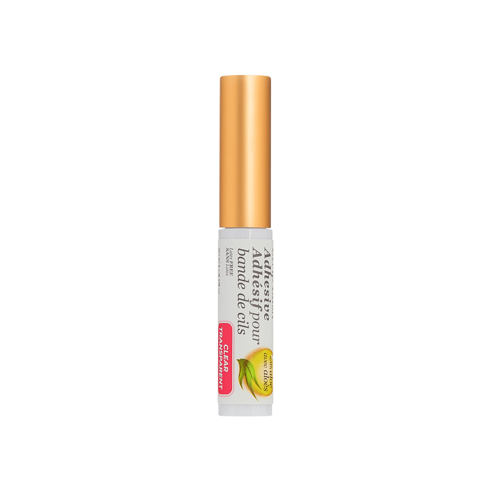 Roll-on adhesive for eyelashes with gold cap on a green background
