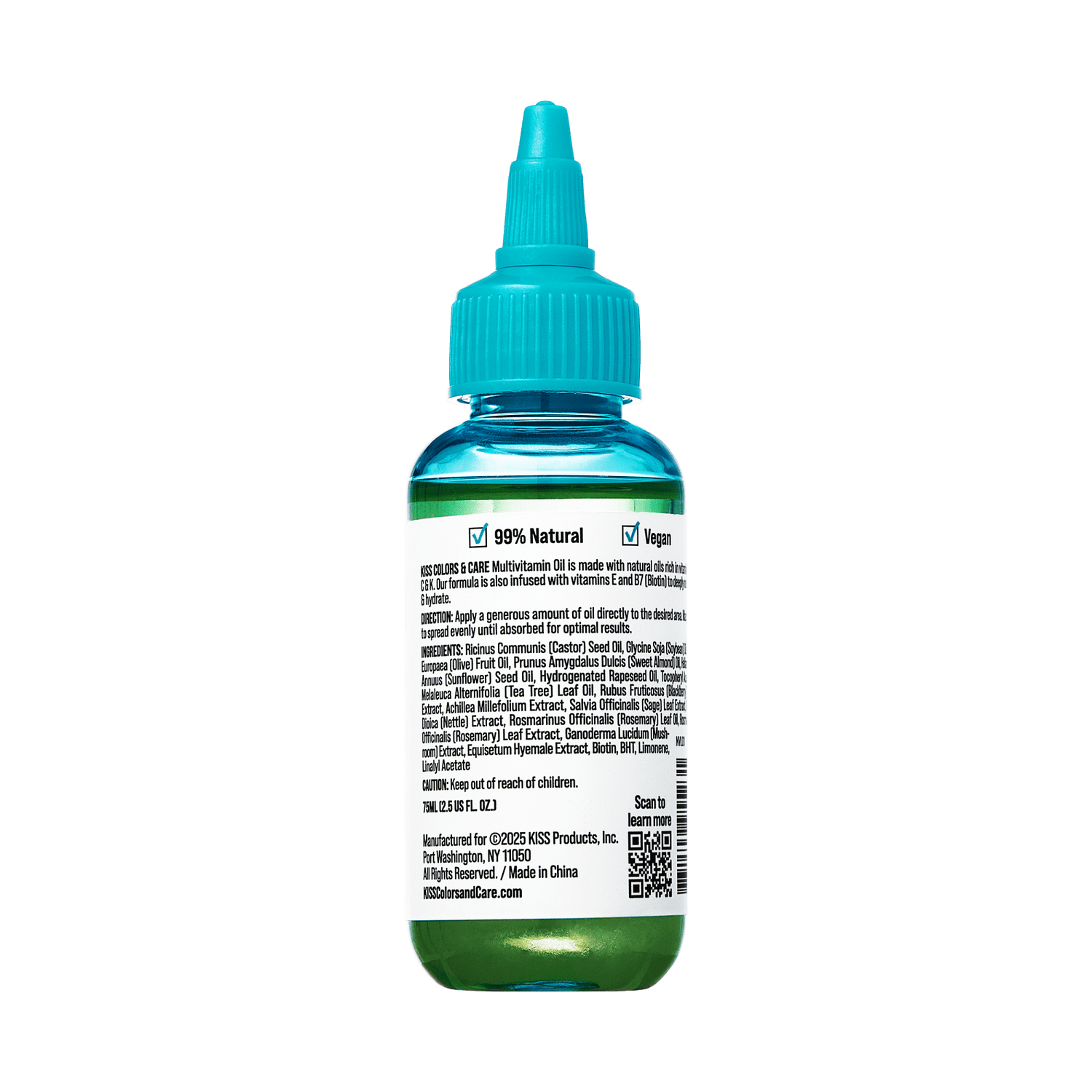 Clear green bottle with a blue dropper cap showing the back label of KISS Colors &amp; Care Multivitamin Oil - Tea Tree, stating it is 99% natural and vegan.