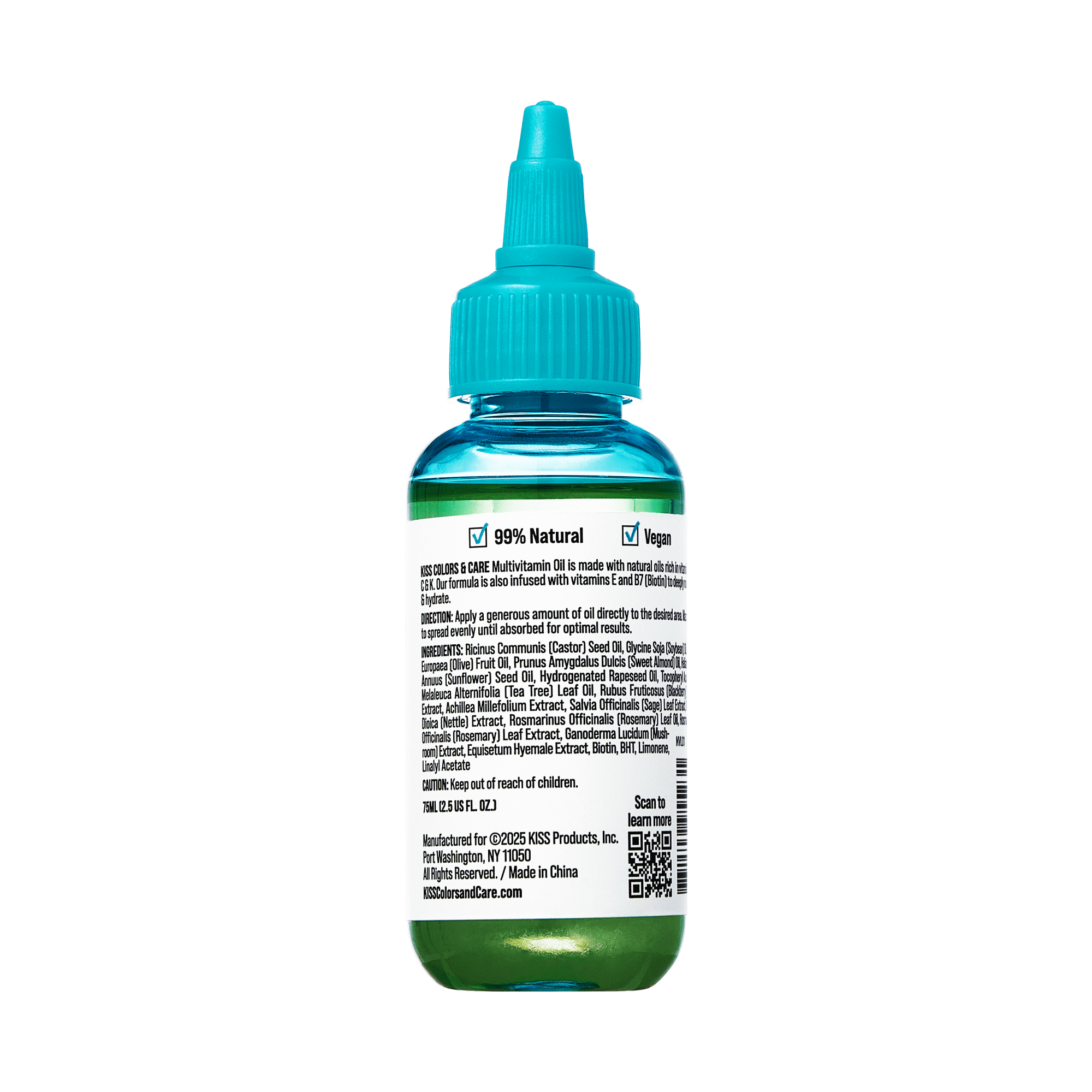 Clear green bottle with a blue dropper cap showing the back label of KISS Colors &amp; Care Multivitamin Oil - Tea Tree, stating it is 99% natural and vegan.