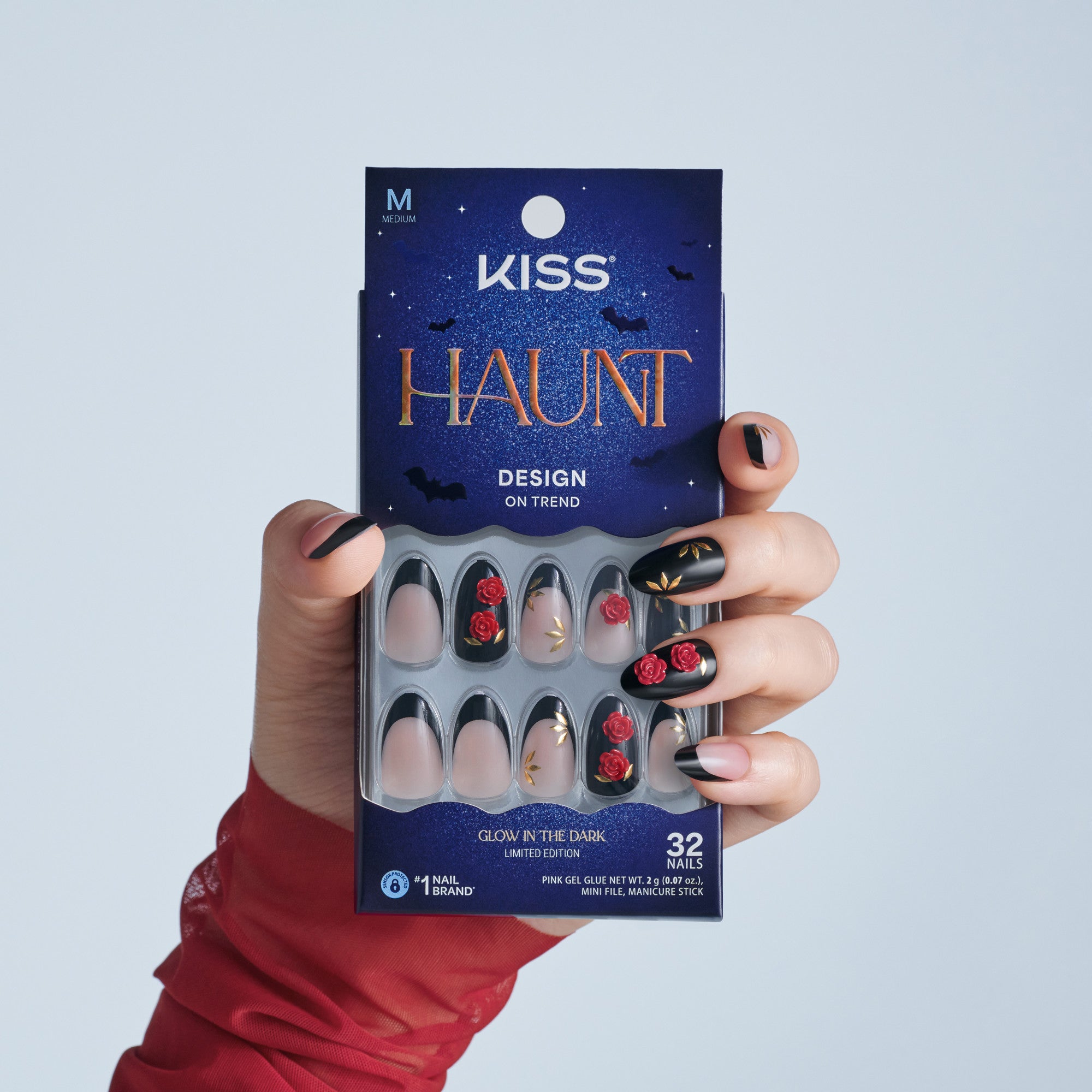 Kiss Haunt Halloween Press On Fake Glue Nails - Drop Dead Gorgeous | French Design, Black &amp; Red, Medium, Almond, Glow In The Dark