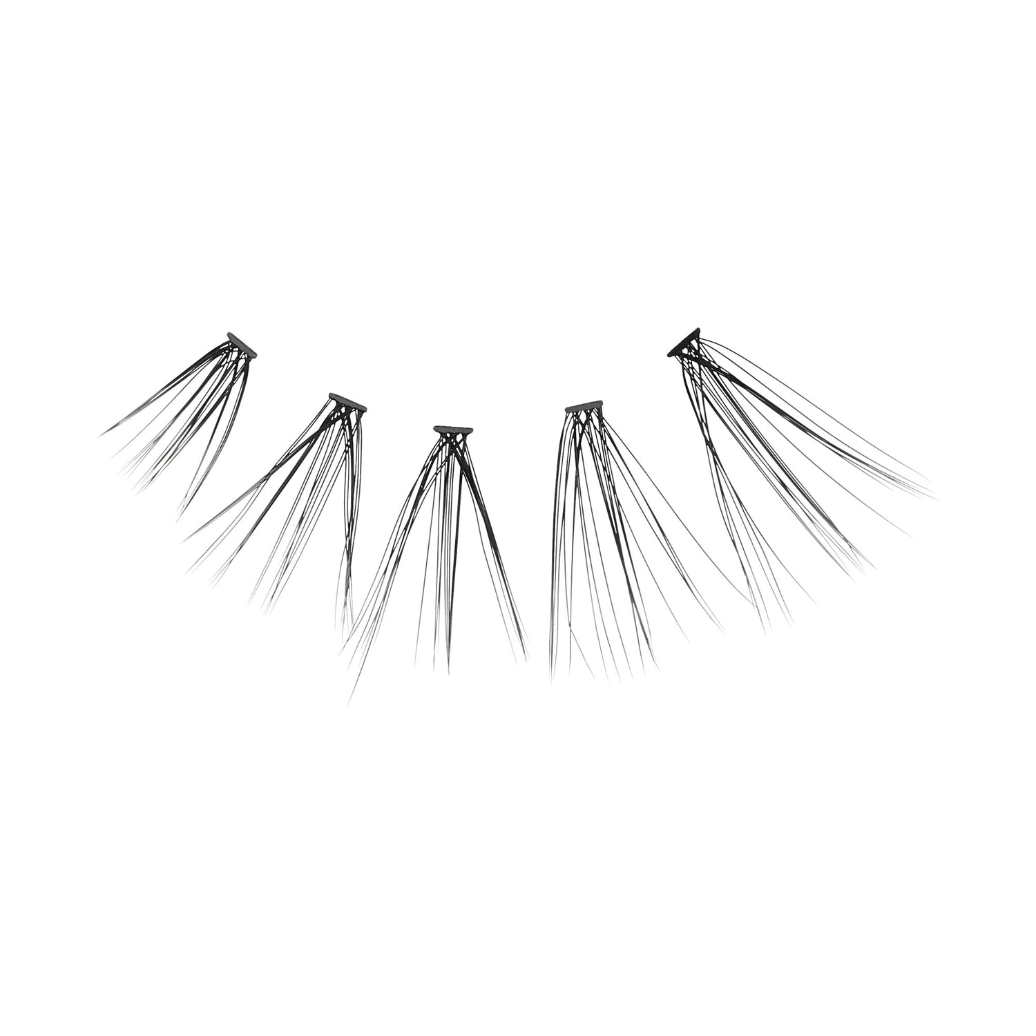 The image features a series of false eyelashes arranged in a curved line. Each eyelash is thin and elongated, with a natural-looking texture. The lashes vary slightly in length, creating a layered effect that enhances their appearance. The background is plain white, emphasizing the lashes and their delicate design.