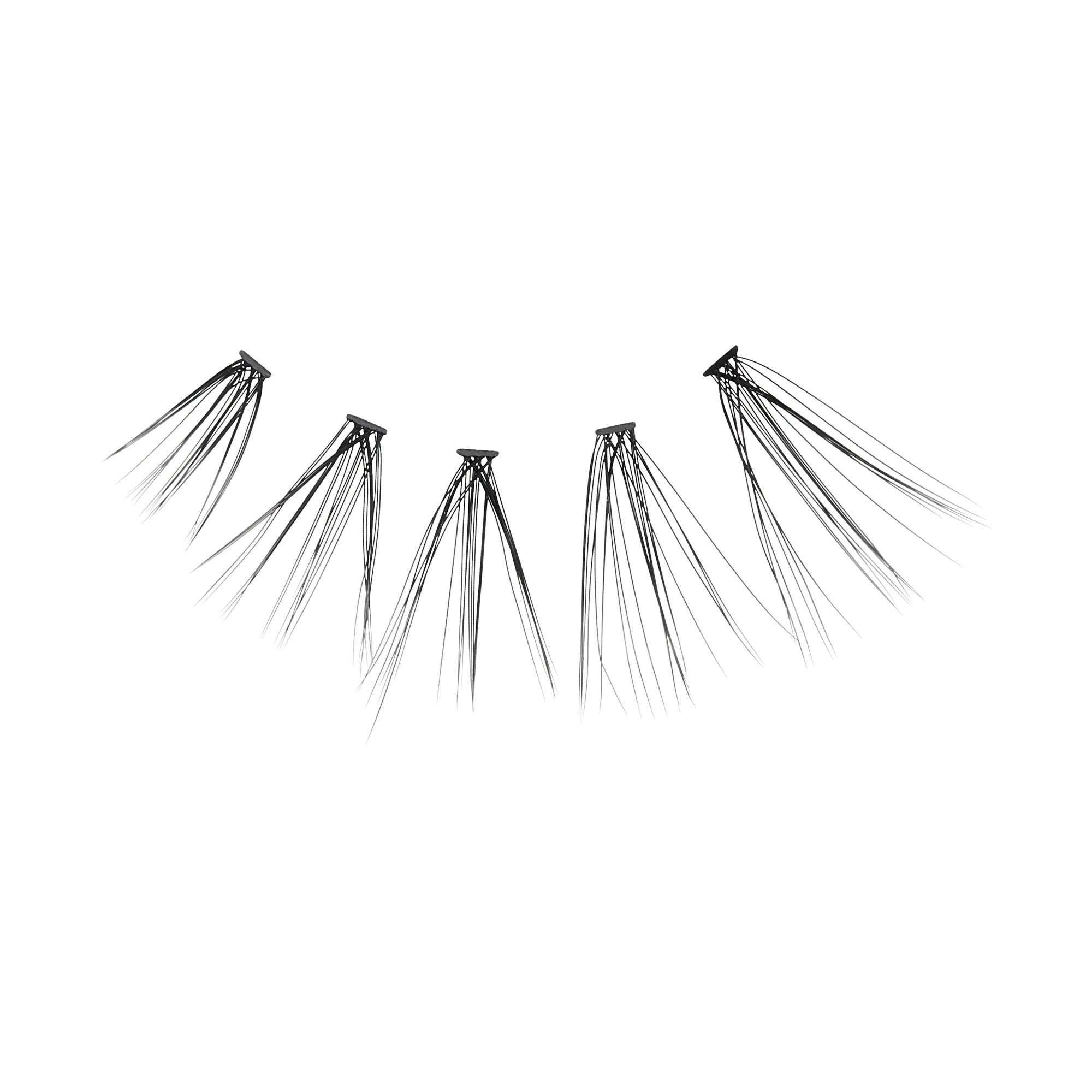 The image features a series of false eyelashes arranged in a curved line. Each eyelash is thin and elongated, with a natural-looking texture. The lashes vary slightly in length, creating a layered effect that enhances their appearance. The background is plain white, emphasizing the lashes and their delicate design.