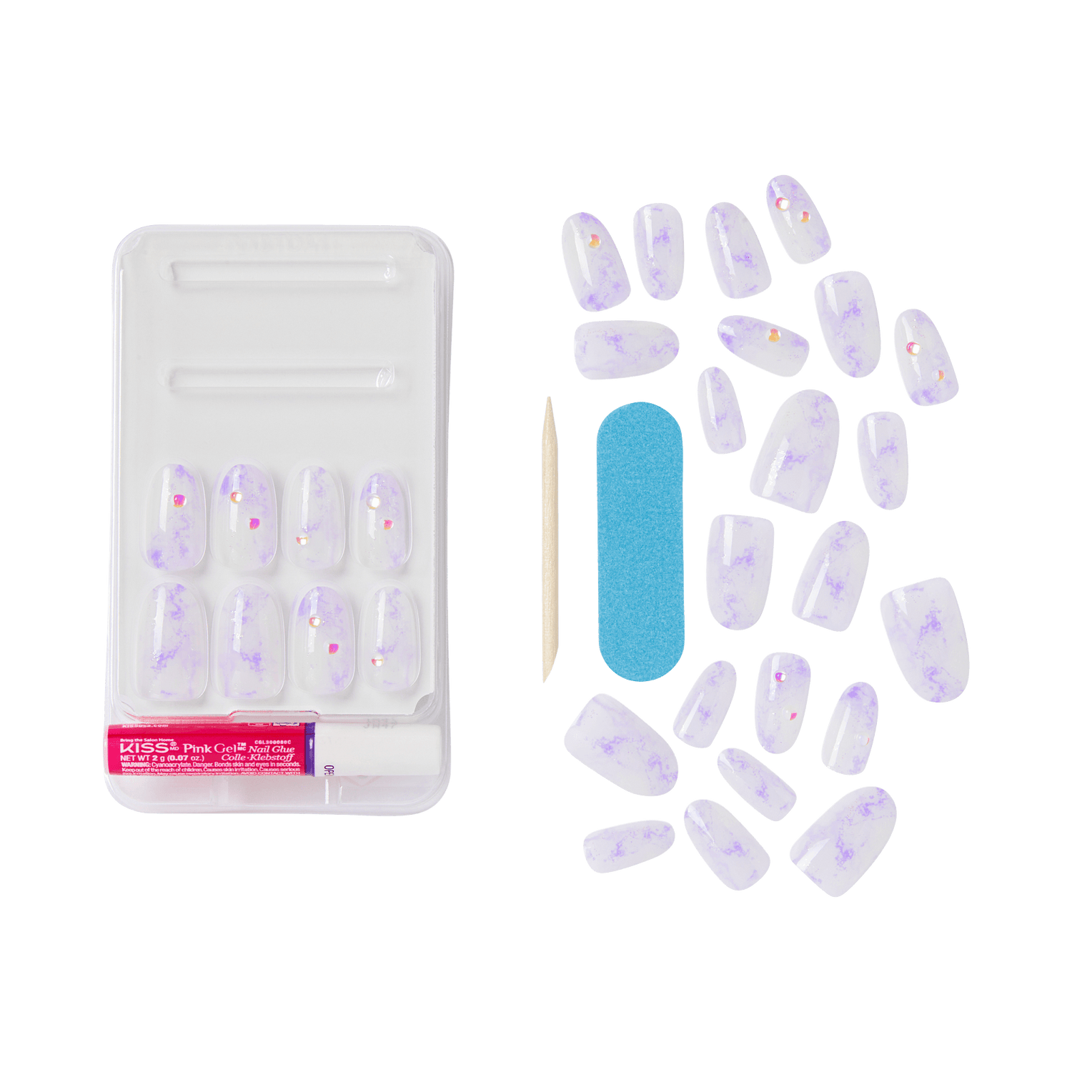 Press-on nail set with purple marbled design and small rhinestones, includes nail glue, wooden cuticle stick, and blue nail file on white tray.