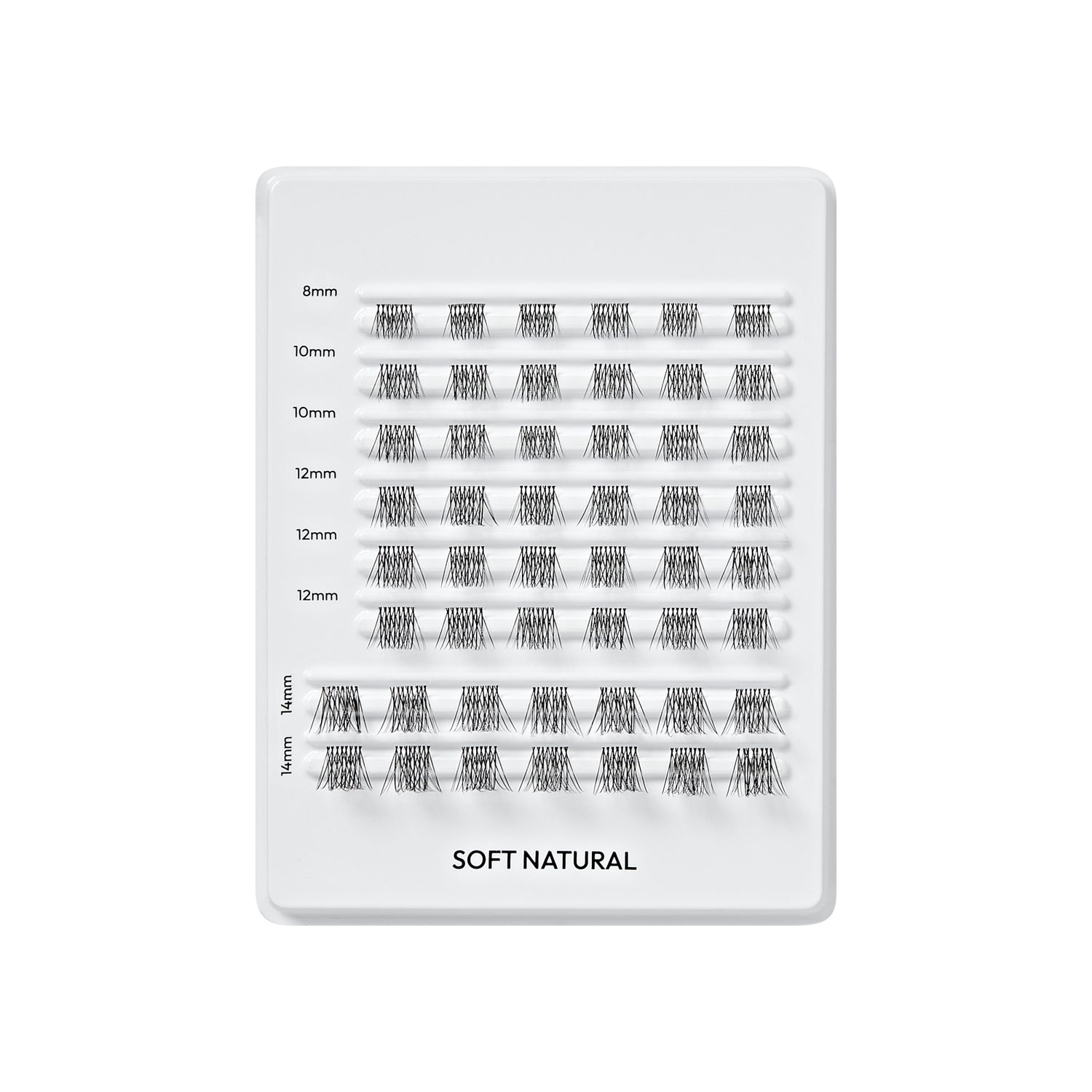 Soft Natural lash palette displaying various lengths (8mm-14mm) with 6 pairs per size.