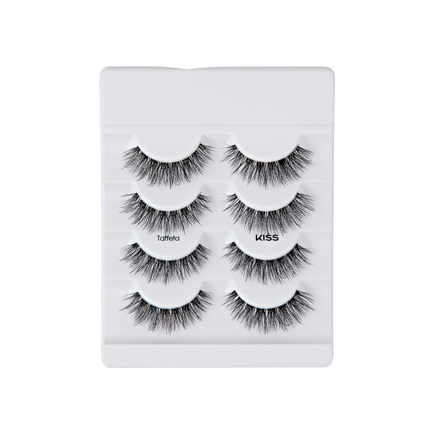 The image shows a package of false eyelashes. The package contains five pairs of eyelashes arranged in a vertical stack. Each pair is neatly placed in a white plastic tray with a slight curve to hold the lashes in shape. The lashes are labeled "Taffeta" and are from the brand "KISS." The eyelashes are voluminous and have a natural, wispy appearance, with varying lengths to create a fuller look. The packaging is simple and clean, emphasizing the product.