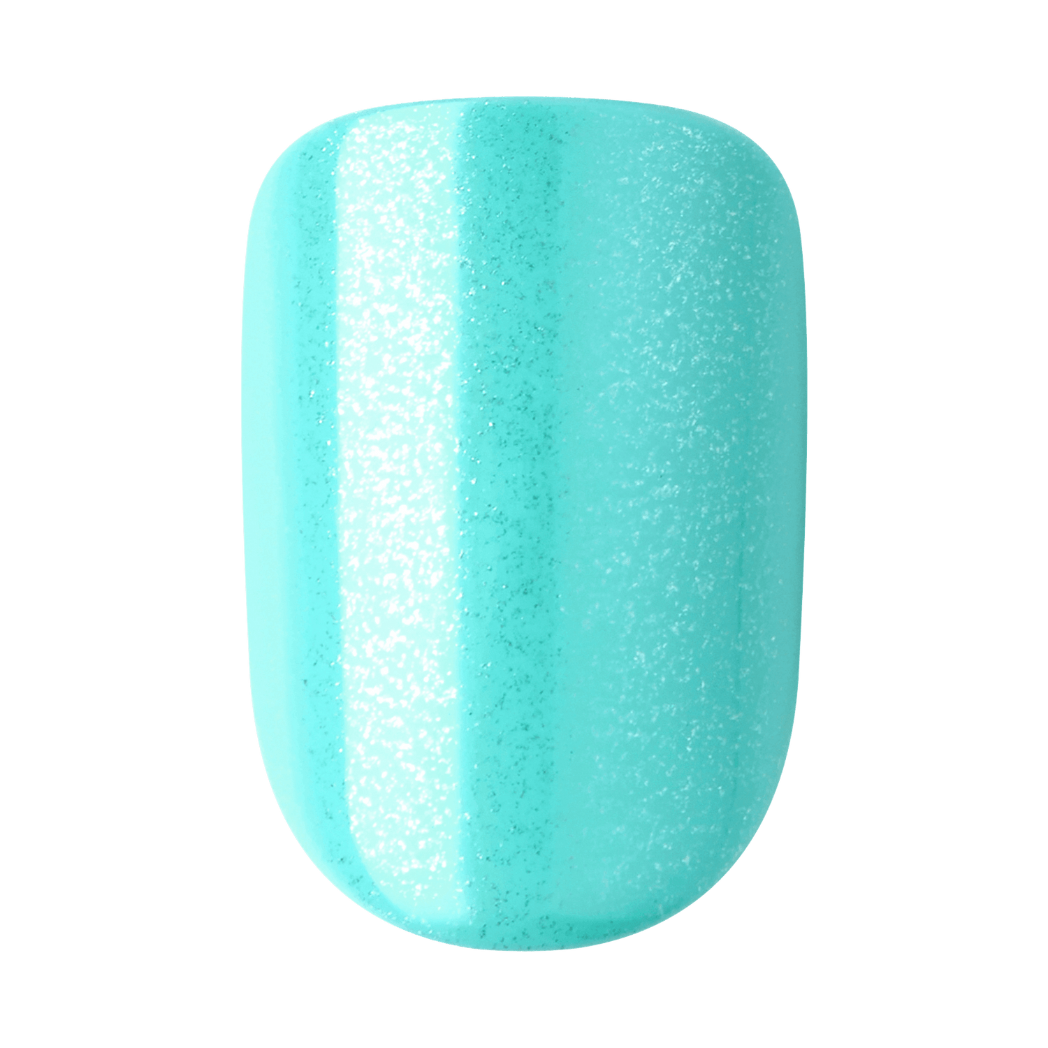 The image shows a close-up of a single artificial nail. The nail is painted in a glossy, light turquoise color with a subtle glittery finish. The surface appears smooth and shiny, reflecting light to create a polished look. The nail is oval-shaped with a slightly rounded tip.
