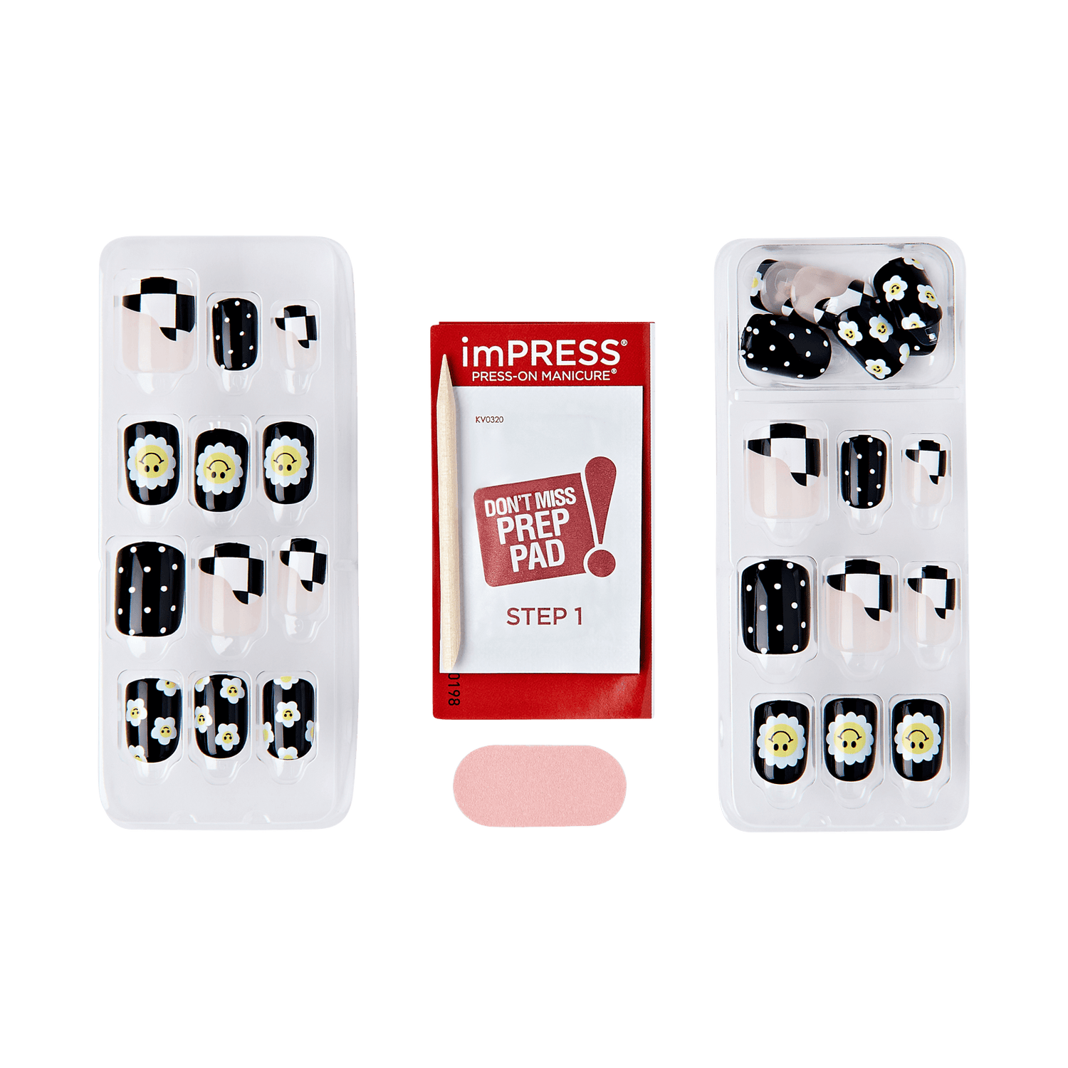 imPRESS Press-On Manicure nail set with black and white floral design and prep pad