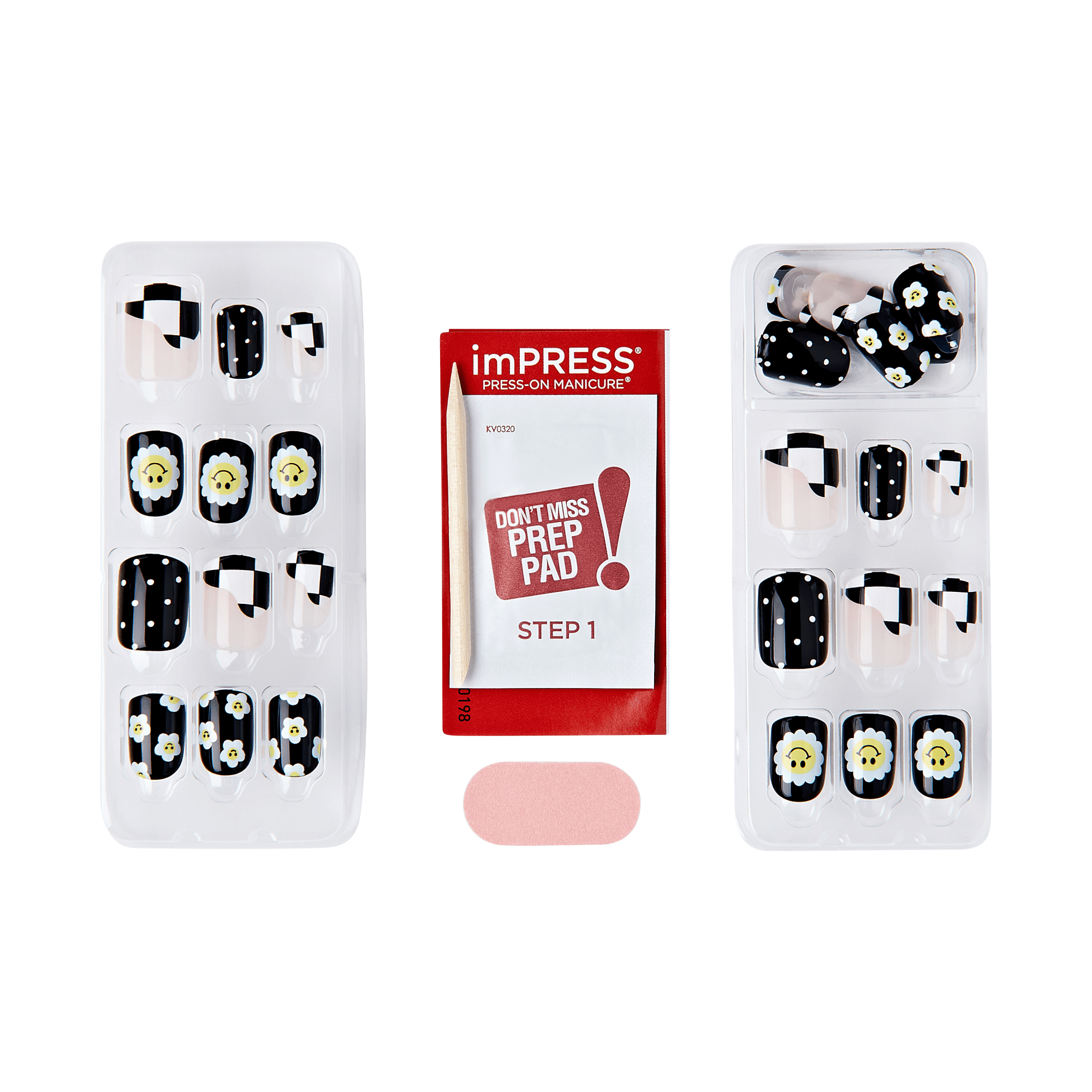 imPRESS Press-On Manicure nail set with black and white floral design and prep pad