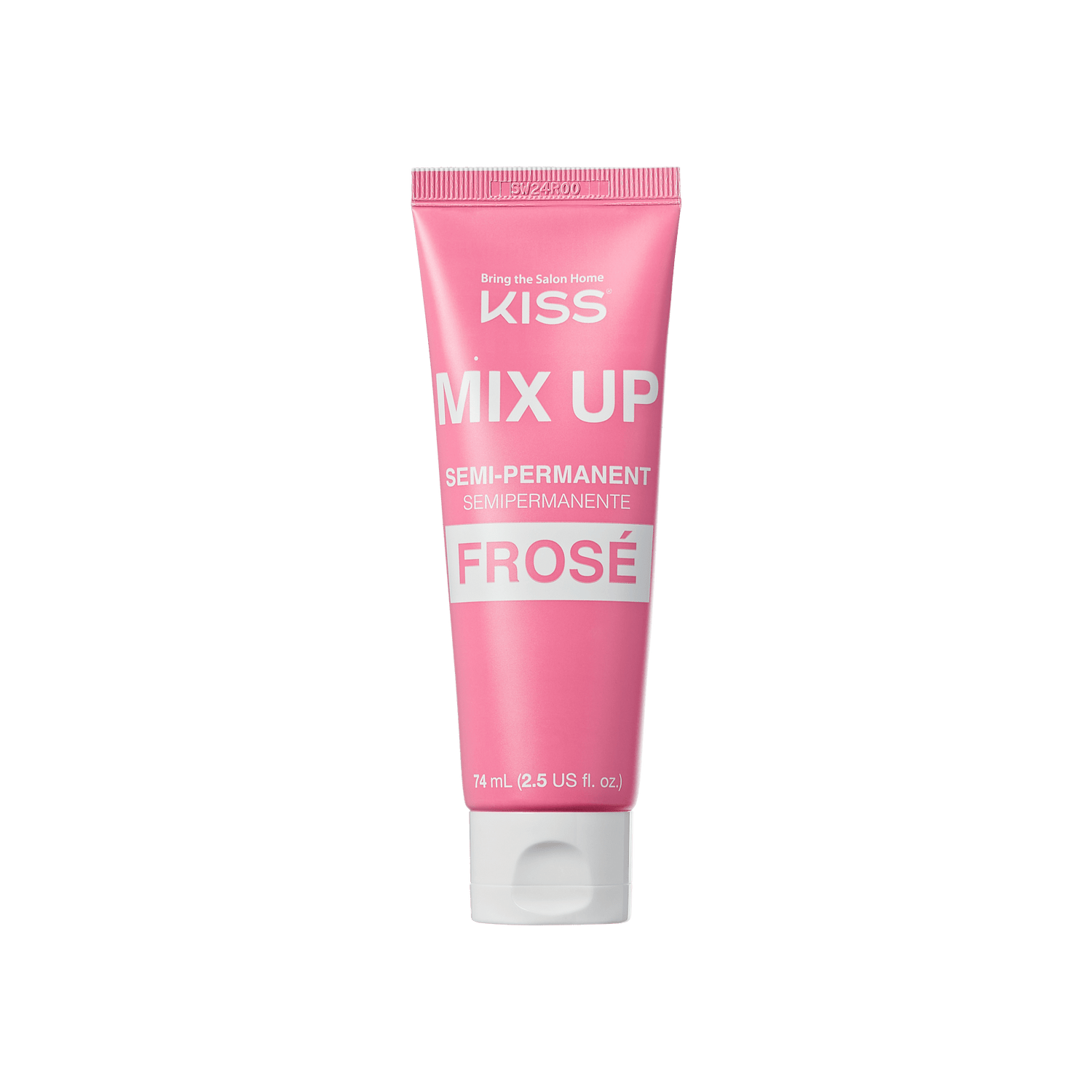 The image shows a pink tube of hair dye from the brand "KISS." The product is named "MIX UP" and is described as a semi-permanent hair color. The specific shade is called "FROSÉ." The tube contains 74 ml (2.5 US fl. oz.) of product. The packaging features white text on a pink background, with the brand name "KISS" at the top, followed by the product name and description. The tube has a white cap at the bottom.