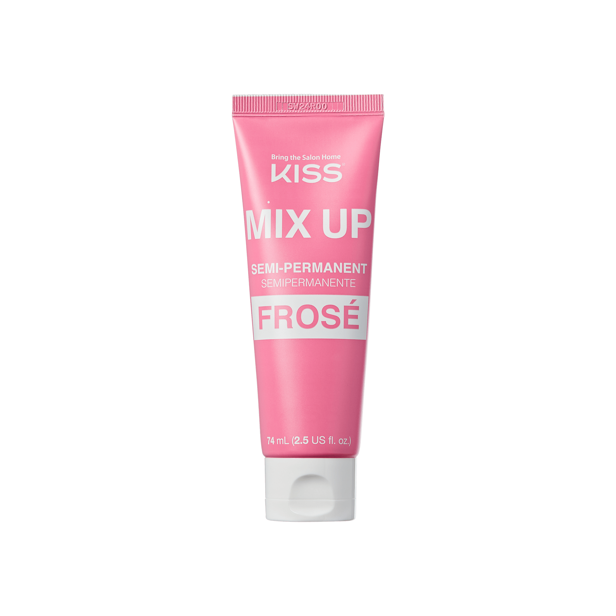 The image shows a pink tube of hair dye from the brand "KISS." The product is named "MIX UP" and is described as a semi-permanent hair color. The specific shade is called "FROSÉ." The tube contains 74 ml (2.5 US fl. oz.) of product. The packaging features white text on a pink background, with the brand name "KISS" at the top, followed by the product name and description. The tube has a white cap at the bottom.