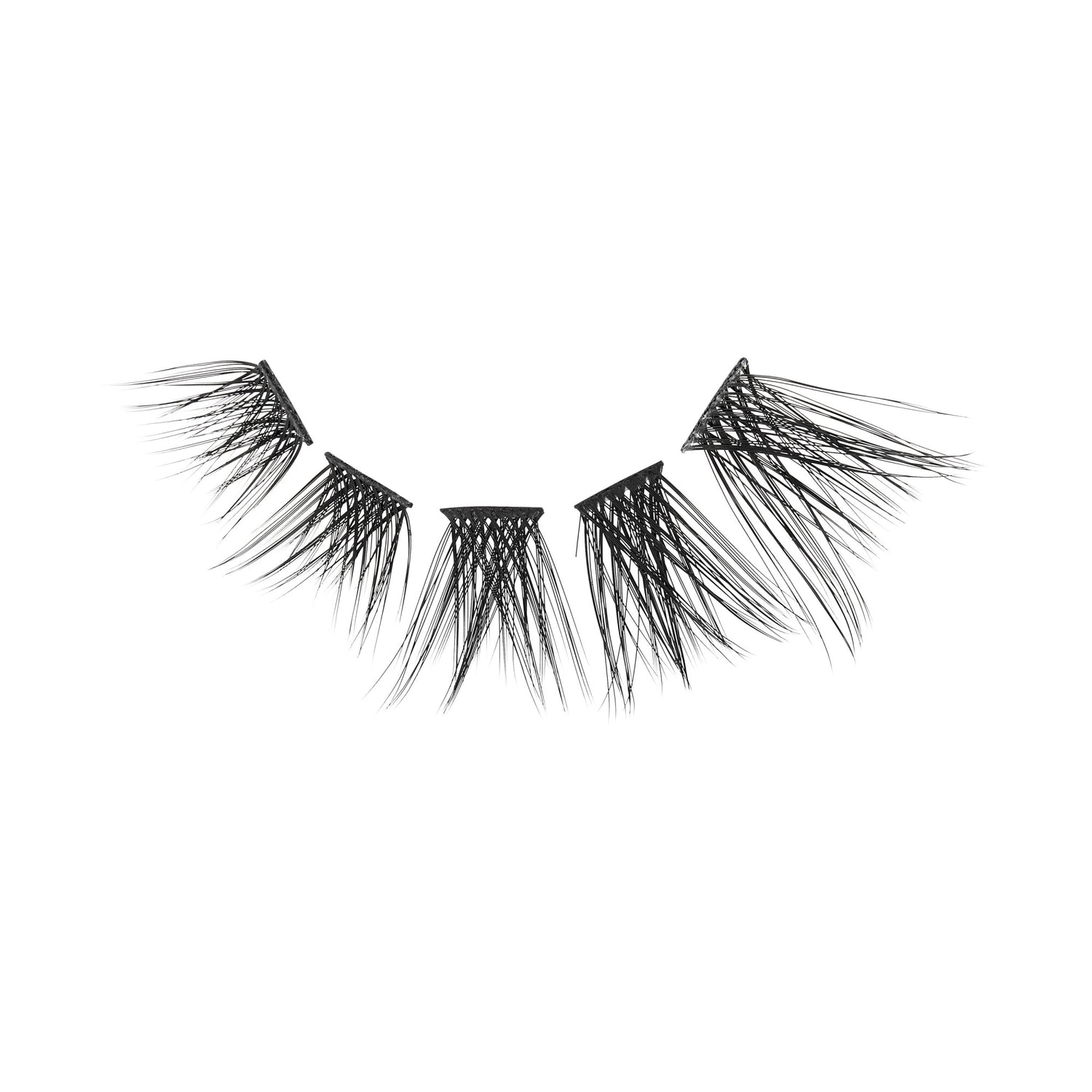 The image features a set of false eyelashes arranged in a curved shape. The lashes are black and have a dramatic, spiky appearance, with varying lengths that create a layered effect. They are designed to enhance the eyes, giving a bold and glamorous look. The background is plain, emphasizing the lashes themselves.