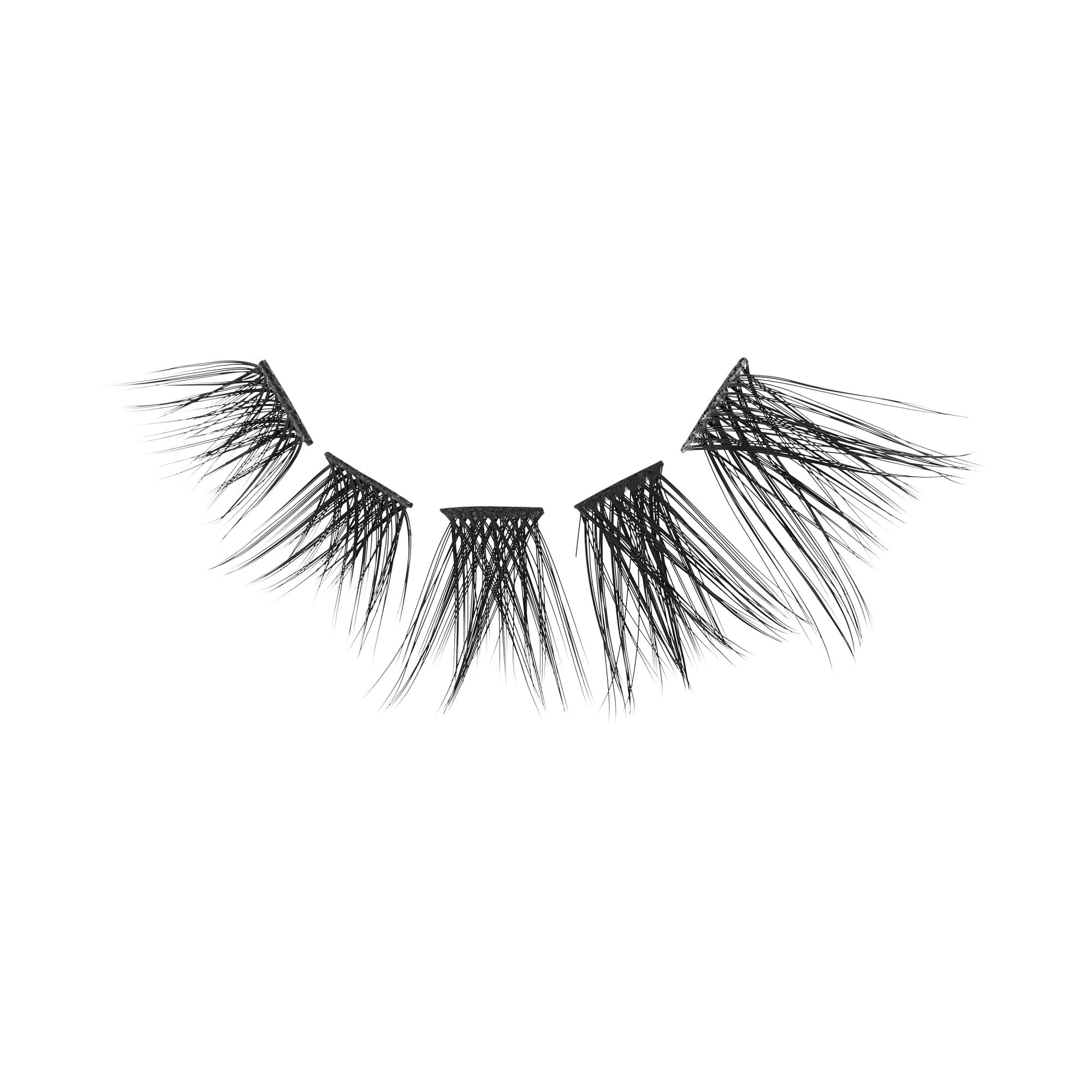 The image features a set of false eyelashes arranged in a curved shape. The lashes are black and have a dramatic, spiky appearance, with varying lengths that create a layered effect. They are designed to enhance the eyes, giving a bold and glamorous look. The background is plain, emphasizing the lashes themselves.