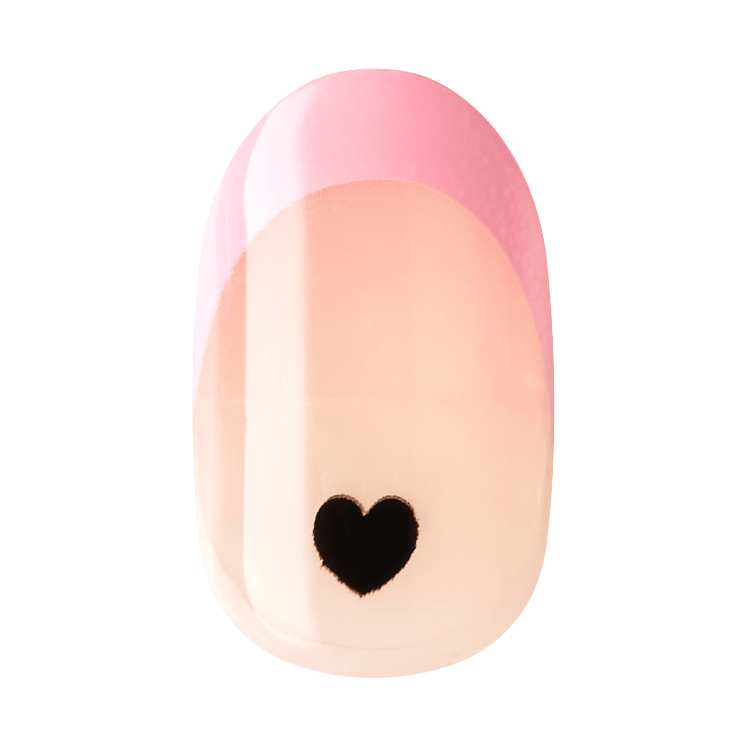 The image shows a single artificial nail with a design. The nail has a glossy finish and features a light pink base color. The tip of the nail is painted with a bright pink French tip. Near the center of the nail, there is a small black heart design. The overall look is simple yet elegant, combining a classic French manicure style with a cute heart accent.