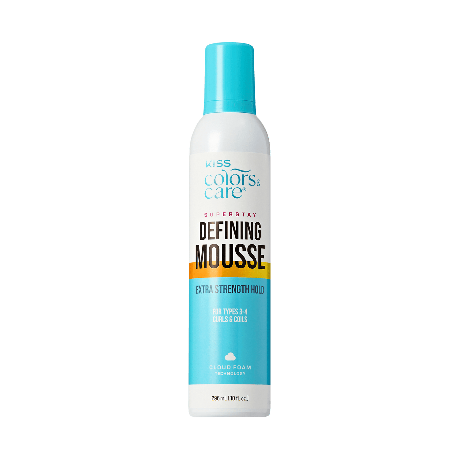 Bottle of Kiss Colors &amp; Care Defining Mousse on a green background