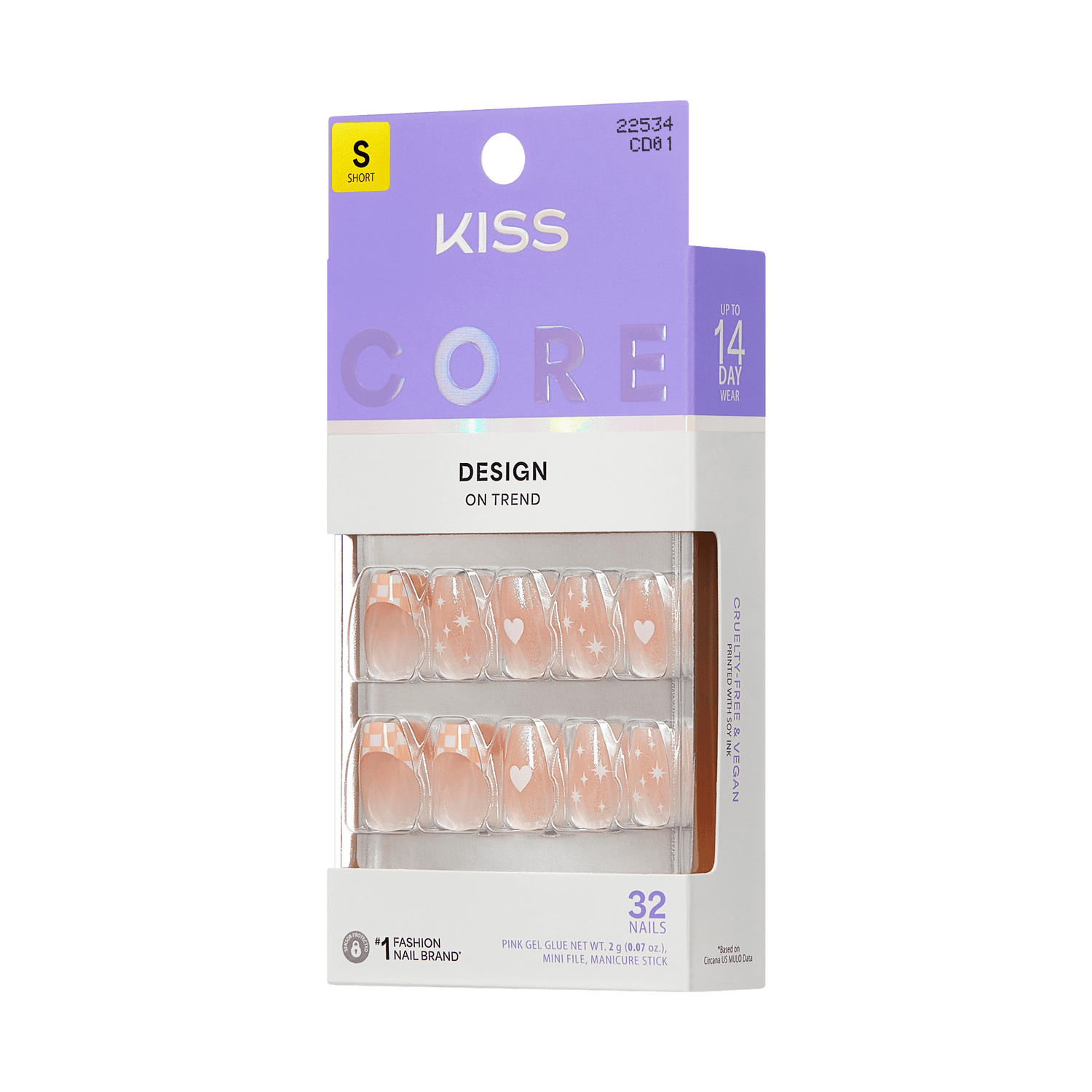 KISS Core Design On Trend Short Nails, 32 Pack with Stars and Hearts Pattern