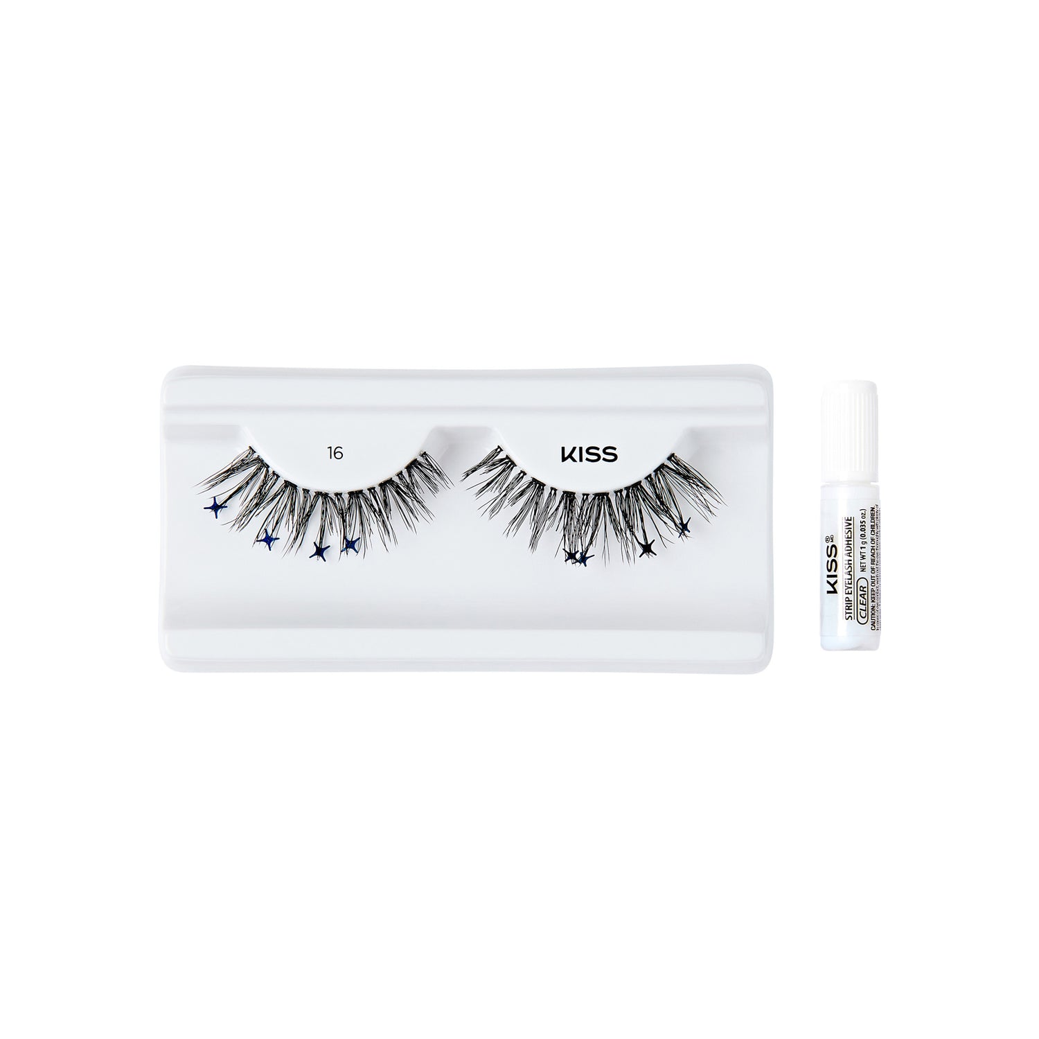 The image shows a set of false eyelashes from the brand "KISS." The eyelashes are displayed on a white plastic tray, with each lash having a unique design that includes small star-shaped decorations. The tray is labeled with the number "16." To the right of the tray, there is a small tube of adhesive glue, also branded with "KISS," which is used to apply the false eyelashes. The overall presentation is clean and minimalistic, highlighting the decorative eyelashes and the accompanying adhesive.