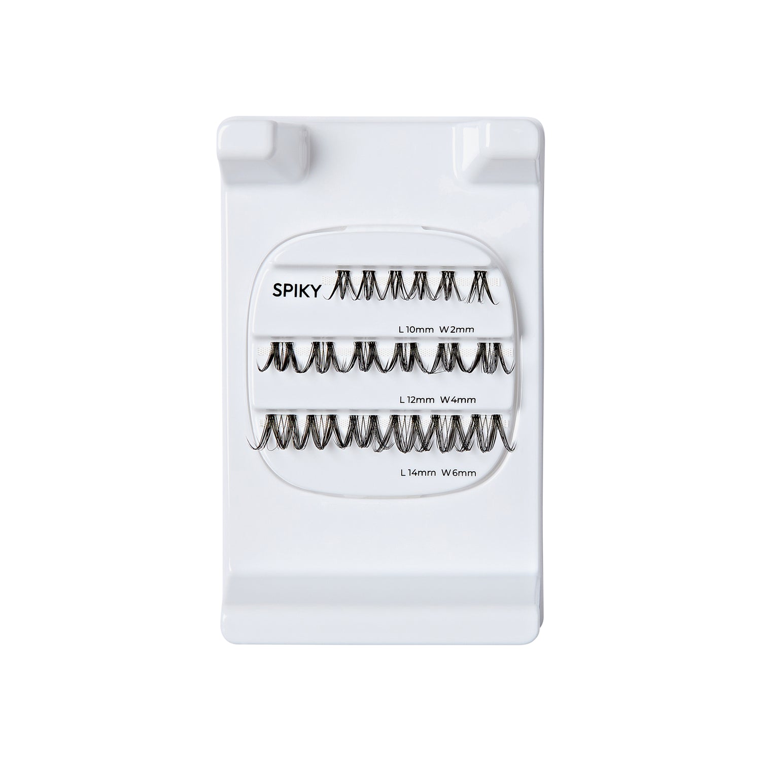 The image features a white display card designed for showcasing false eyelashes. It has three rows of lashes labeled "SPIKY," with varying lengths and widths. The top row contains lashes measuring 10mm in length and 2mm in width, the middle row has lashes that are 12mm long and 2mm wide, and the bottom row features lashes that are 14mm long and 6mm wide. The overall design is clean and organized, making it easy to view the different styles of lashes.