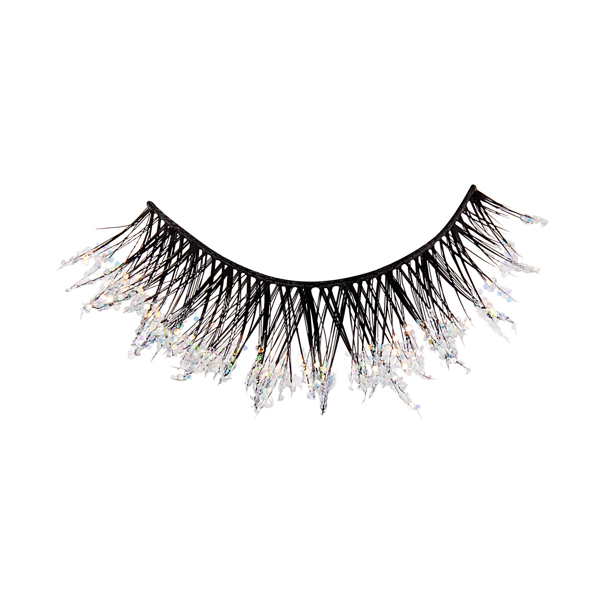 Black false eyelashes with iridescent glitter tips on white background.