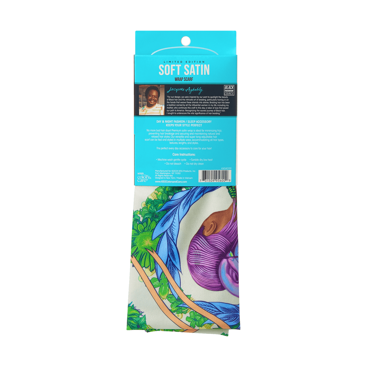 KISS Colors &amp; Care Limited Edition soft satin wrap scarf in vibrant floral and feather design, with packaging highlighting day &amp; night use and hair care benefits.
