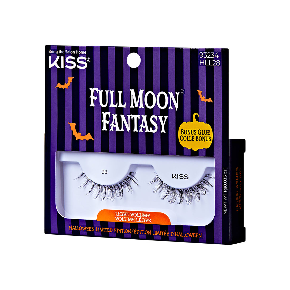 The image shows a package of false eyelashes from the brand "KISS." The product is named "Full Moon Fantasy" and is part of a Halloween limited edition. The packaging has a purple and black striped background with bat and moon graphics, emphasizing the Halloween theme. The package includes a pair of light volume false eyelashes and mentions a bonus glue included. The product code "93234 HLL28" is displayed on the top right corner. The text on the package is in both English and French.