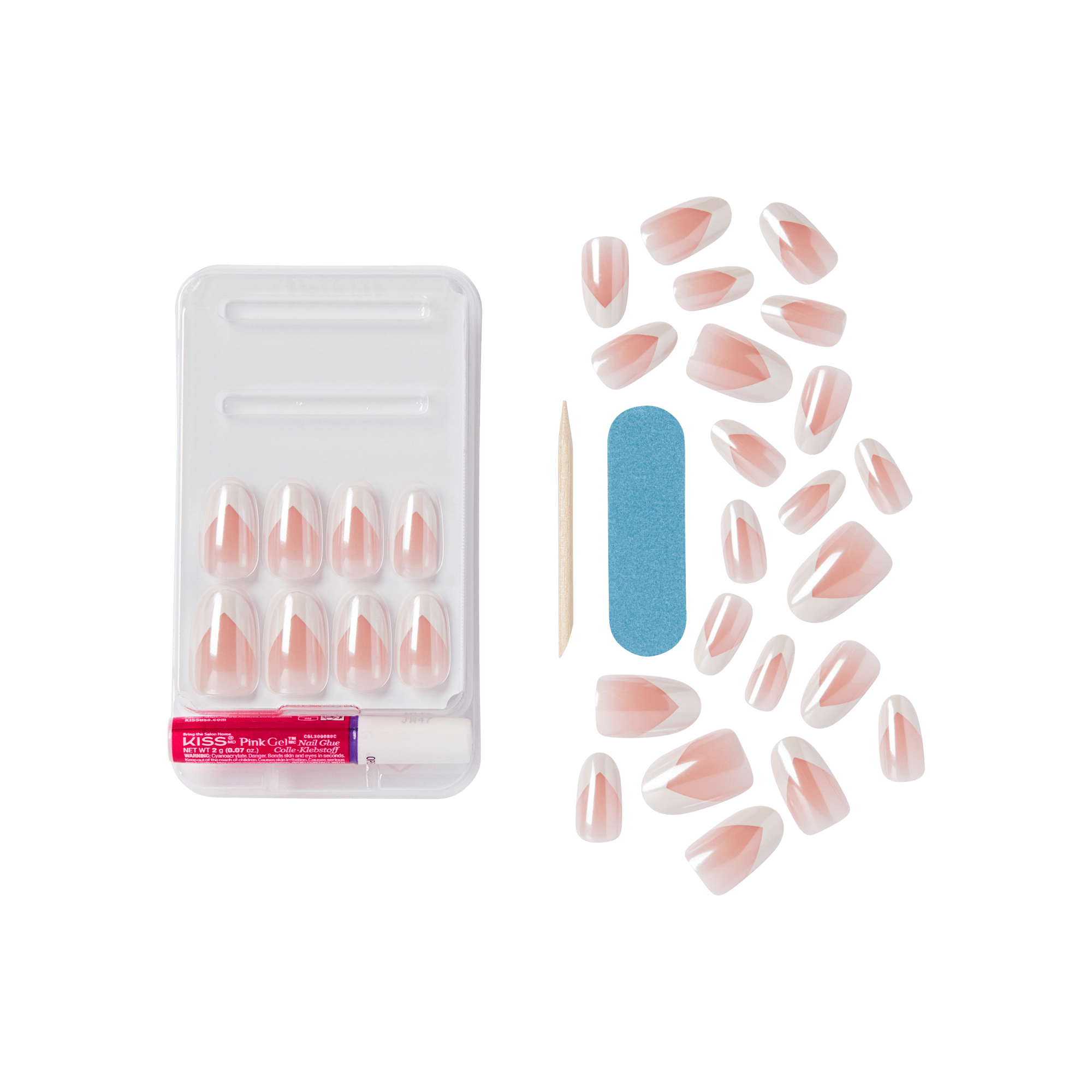 The image features a nail kit that includes a variety of artificial nails. The nails are designed with a soft pink base and a white tip, resembling a classic French manicure. The kit is neatly arranged in a clear plastic case, which holds several sets of nails. Alongside the nails, there is a blue nail file, a wooden cuticle stick, and a tube of adhesive for applying the nails. The overall presentation is organized and visually appealing, making it easy to see the contents of the kit.