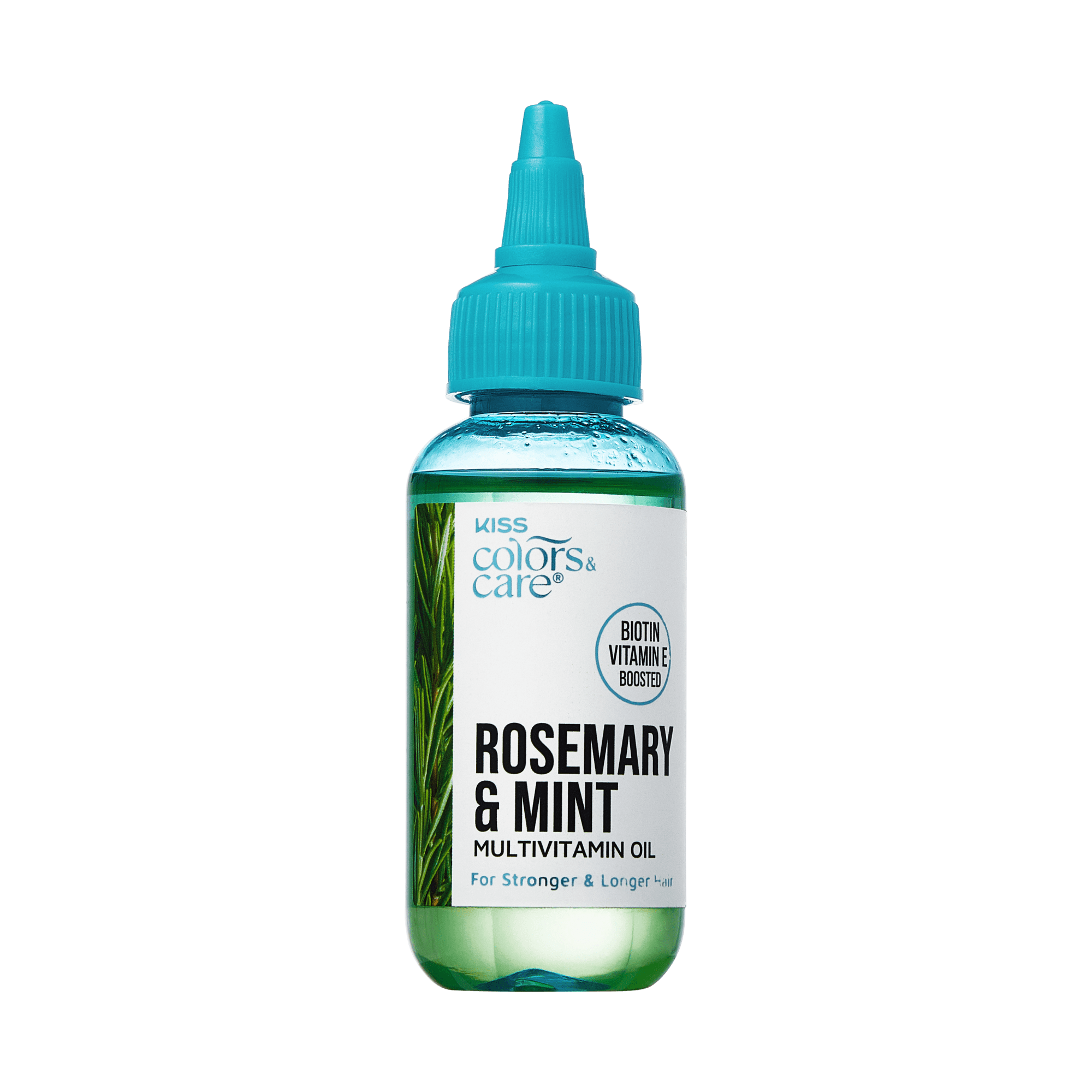 Clear plastic bottle with teal dropper cap containing green KISS Colors &amp; Care Multivitamin Oil with rosemary &amp; mint, labeled biotin and vitamin E boosted for stronger, longer hair.