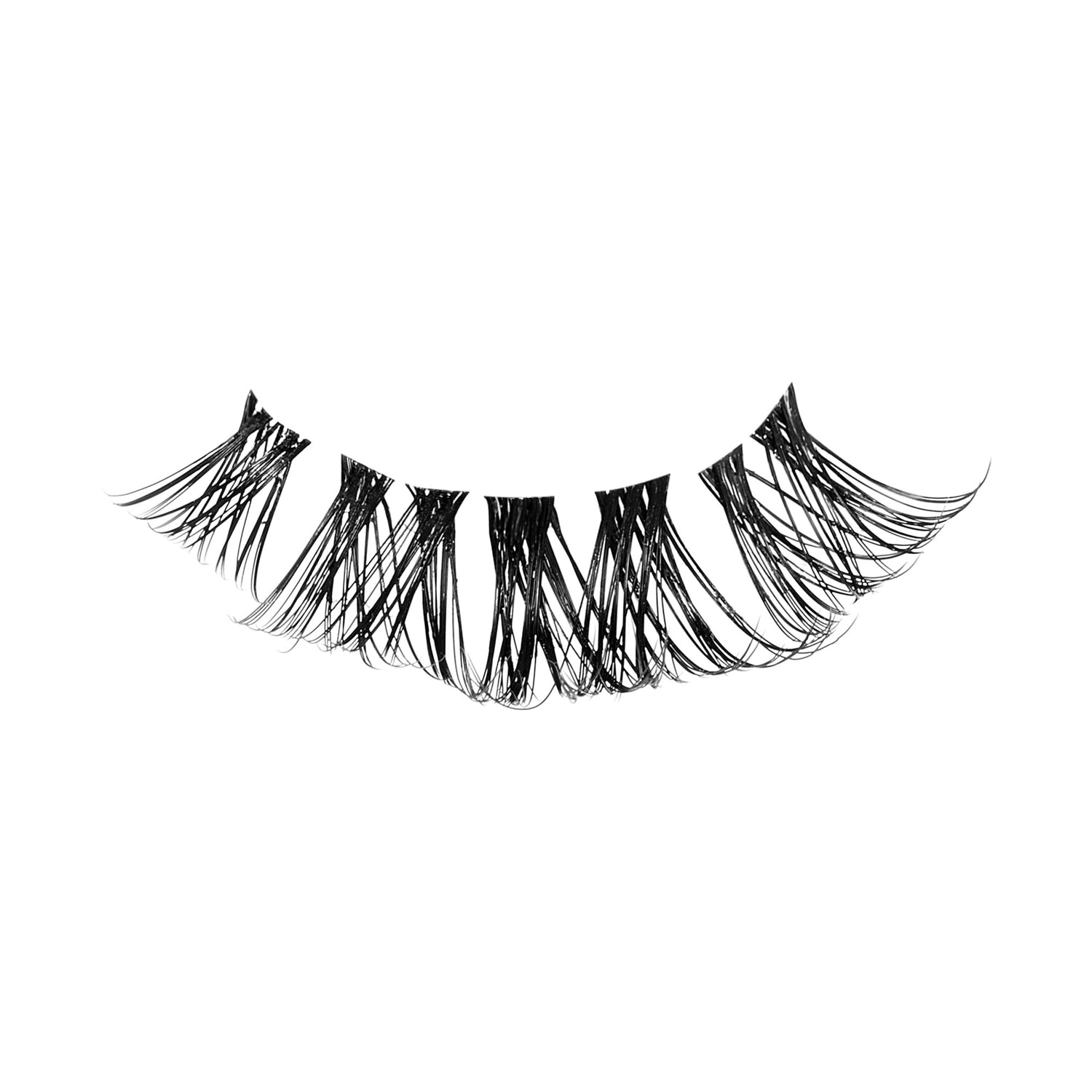 Pair of black false eyelashes with layered, feathered fibers on white background.
