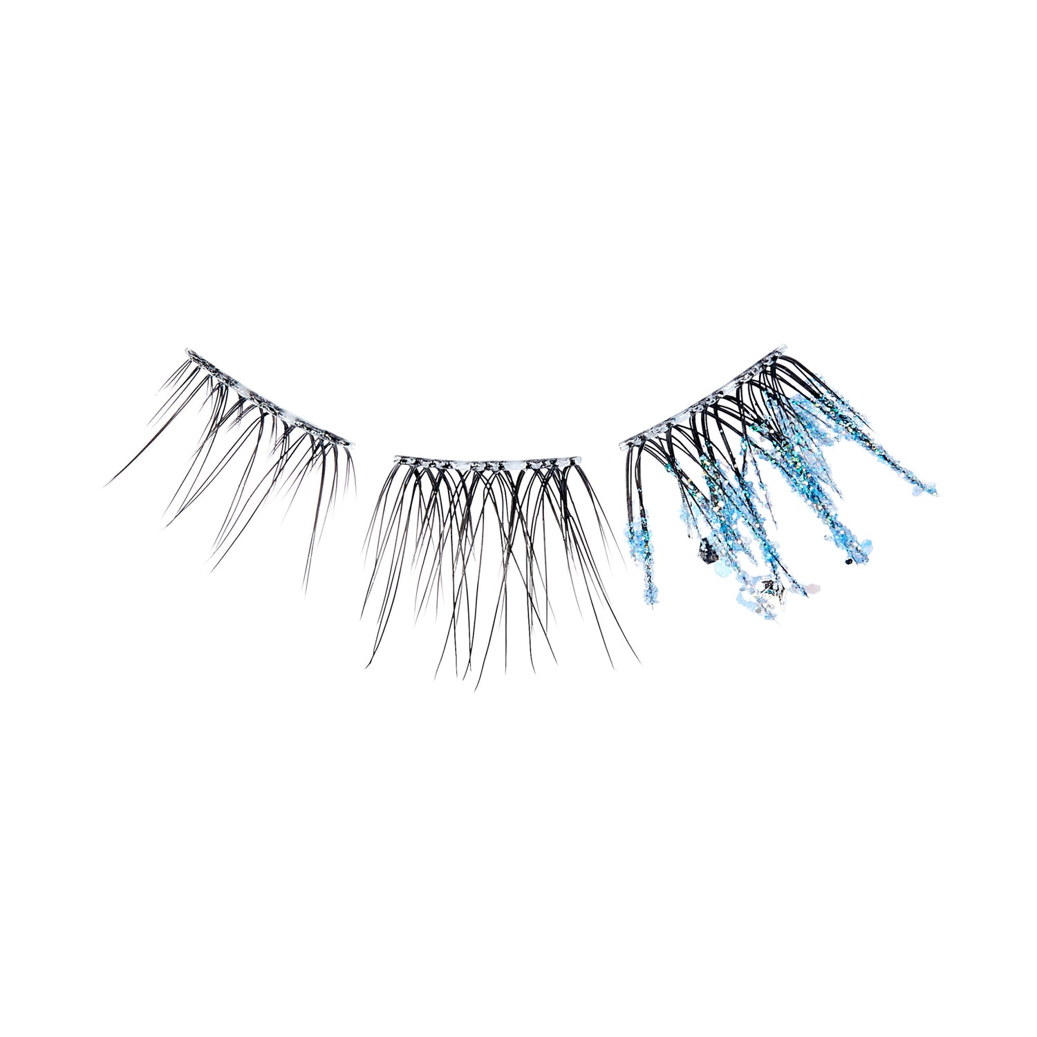 The image features a pair of false eyelashes. The lashes are predominantly black, with a mix of long and short strands creating a dramatic effect. One of the lash strips has a unique design, incorporating blue accents and decorative elements that resemble shimmering crystals or beads, adding a touch of sparkle and flair. The overall look is bold and eye-catching, suitable for a glamorous makeup style.