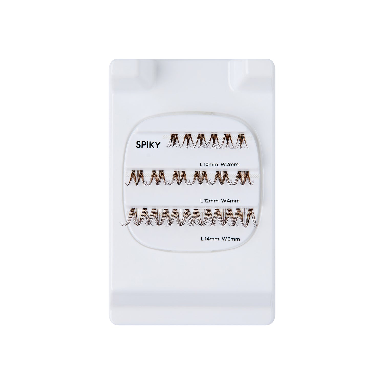 The image features a white lash tray labeled "SPIKY," which contains individual eyelash extensions. The tray is organized into three rows, each displaying different lengths of lashes: 10mm, 12mm, and 14mm. Each row has a varying width, indicated as W2mm, W6mm, and W6mm, respectively. The lashes are arranged neatly, showcasing their spiky design, which is intended to create a dramatic and voluminous look for eyelash extensions.