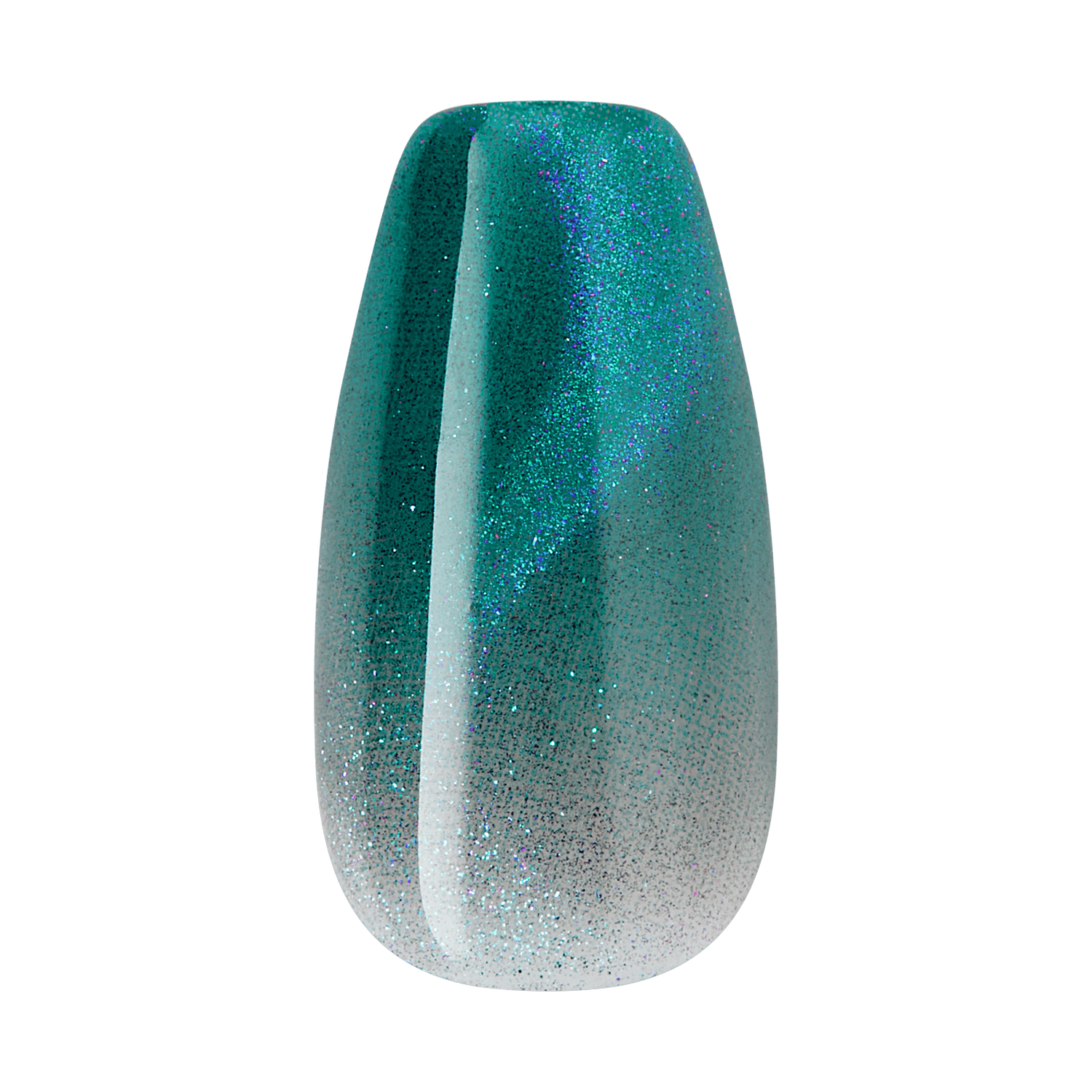 The image features a nail polish bottle with a unique design. The polish has a gradient effect, transitioning from a deep teal at the top to a lighter, almost white shade at the bottom. The surface is shimmering with fine glitter particles that catch the light, creating a sparkling appearance. The overall shape of the bottle is smooth and rounded, tapering towards the top. This combination of colors and textures gives it a vibrant and eye-catching look.