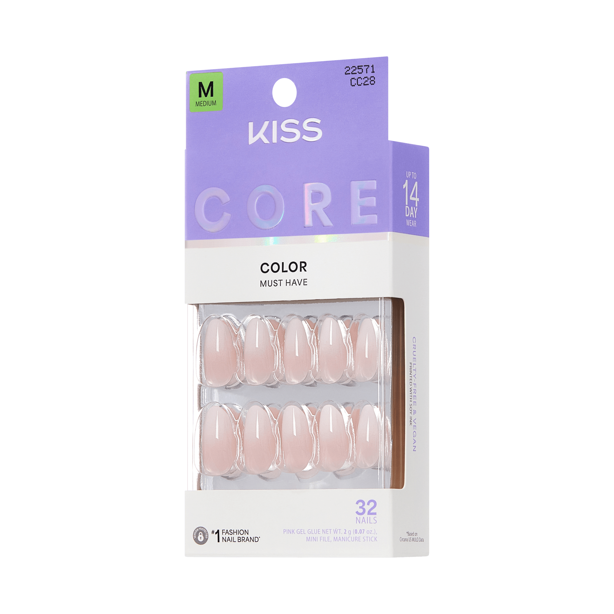 KISS Core Color Must Have Pink Gel Glue Nails, Medium, 32 Count
